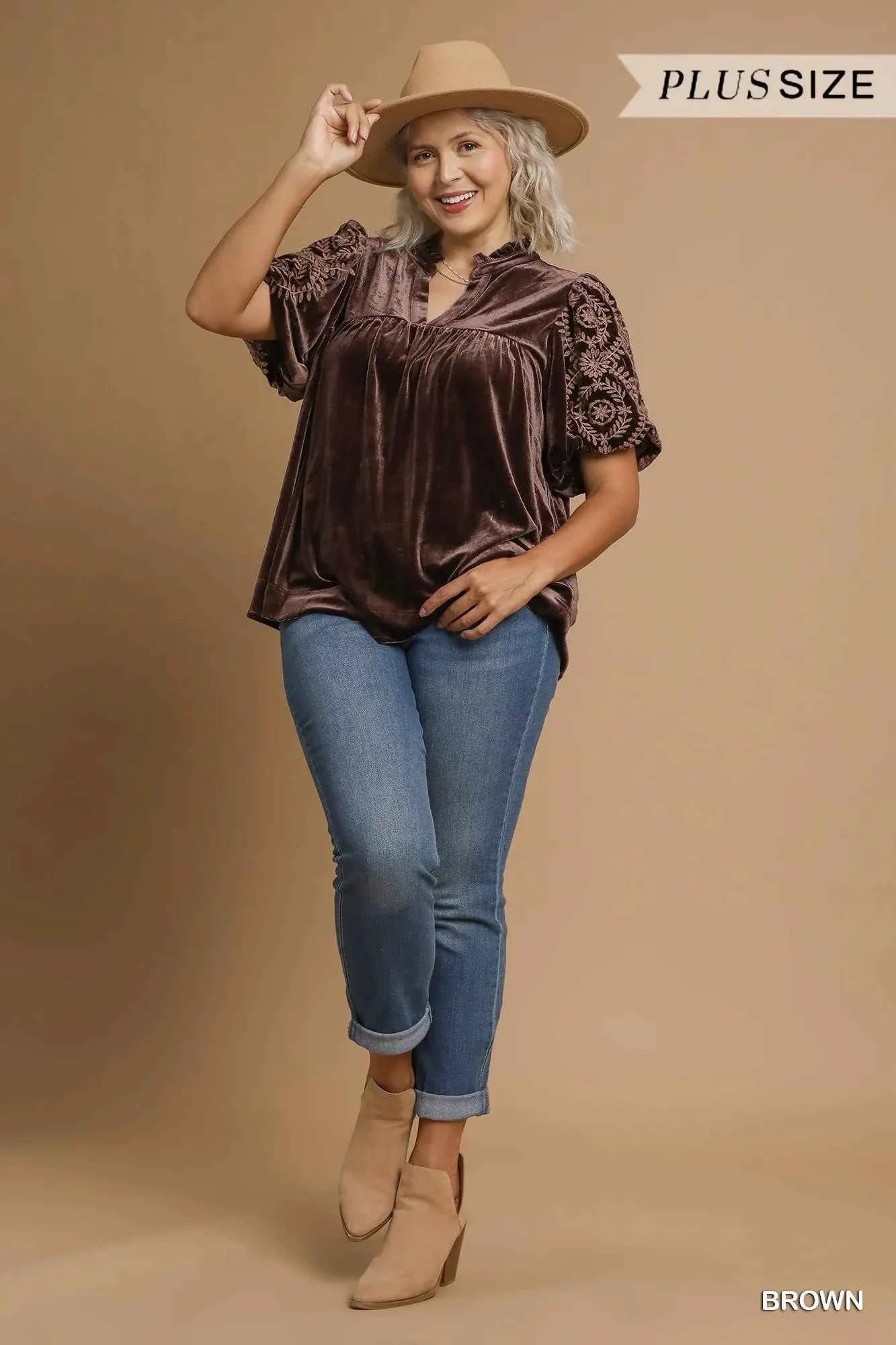 Umgee Full Size Velvet Embroidered Sleeve Blouse Plus Size 4685c17c-38d7-473c-b062-a445f717d238-Max-Origin