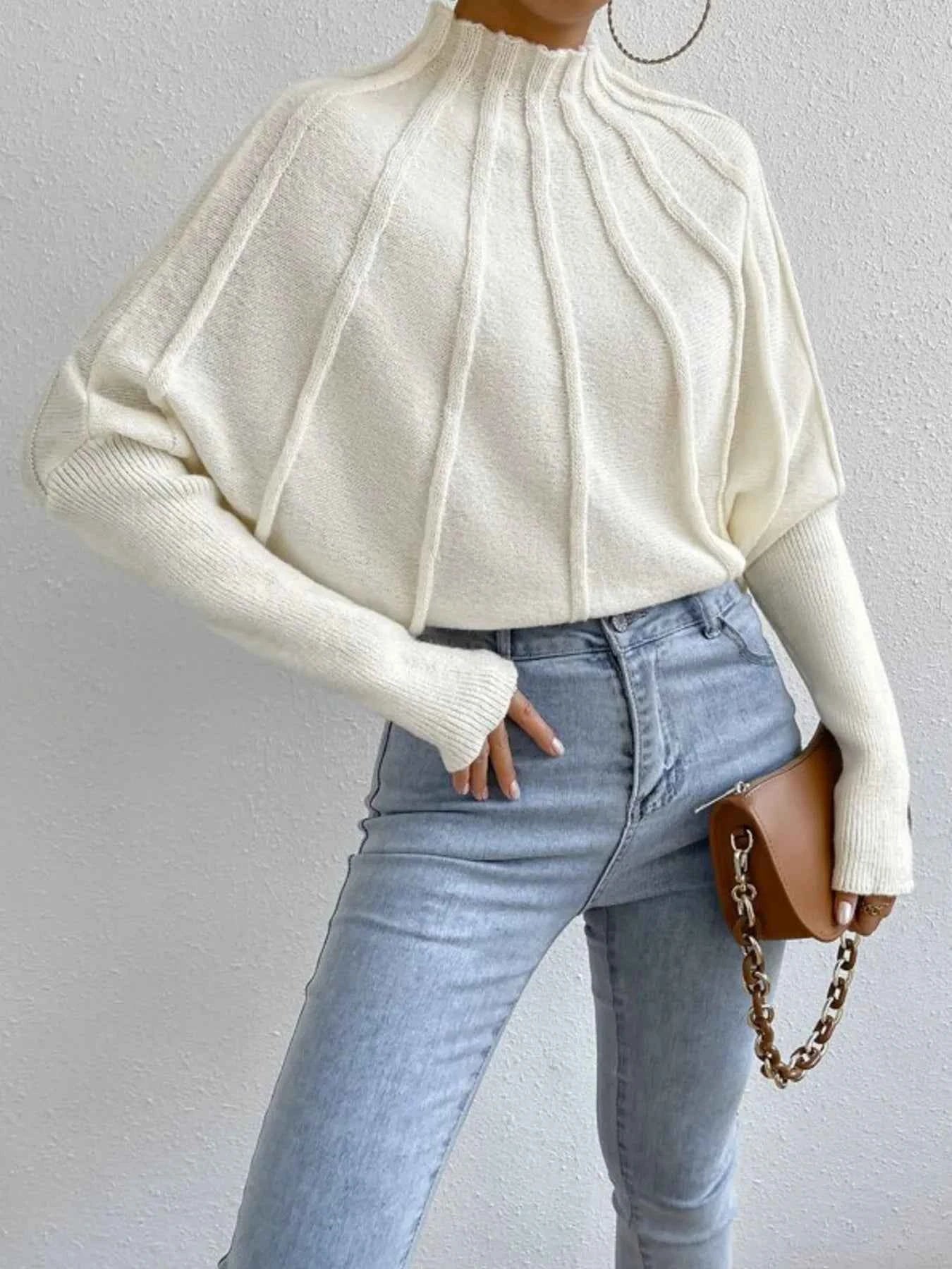 Mock Neck Ribbed Long Sleeve Sweater White 468e5735693c4c7c8e6b79da94daec20-Max-Origin