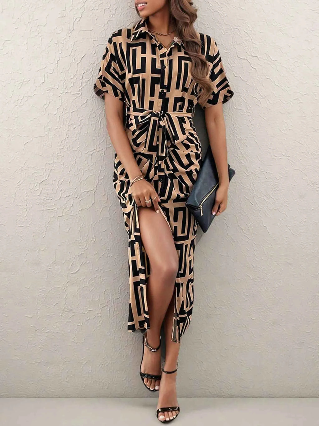 Geometric Print Belted Midi Dress Caramel 4691ec11480c47d5a40a1b99df202e0d-Max-Origin