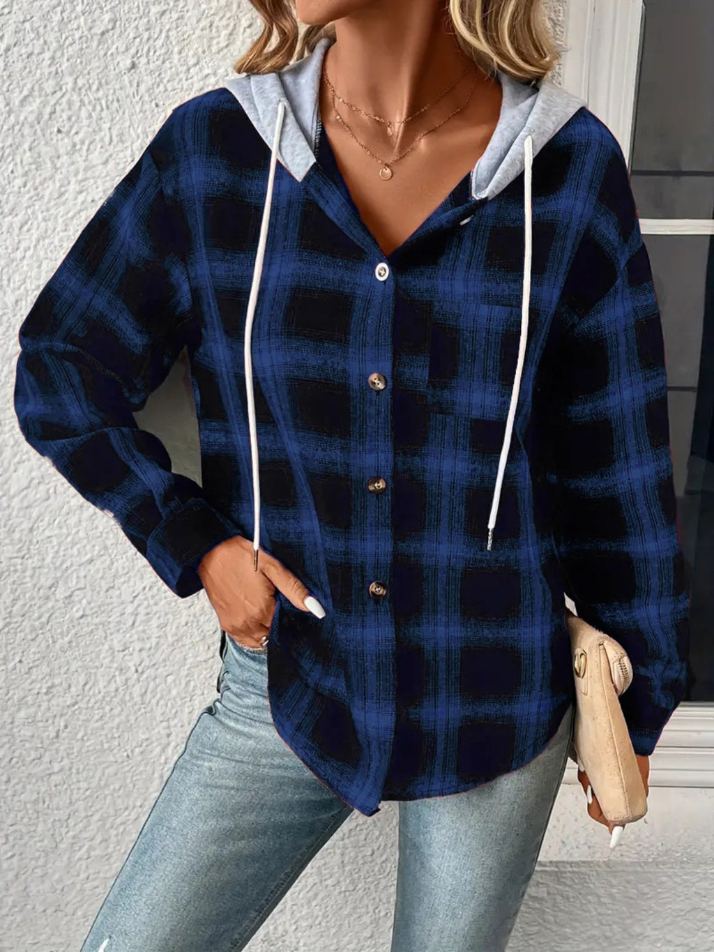 Plaid Drawstring Button Up Hooded Jacket 4695463c84124a3fa4d8e7f1c98143a9-Max