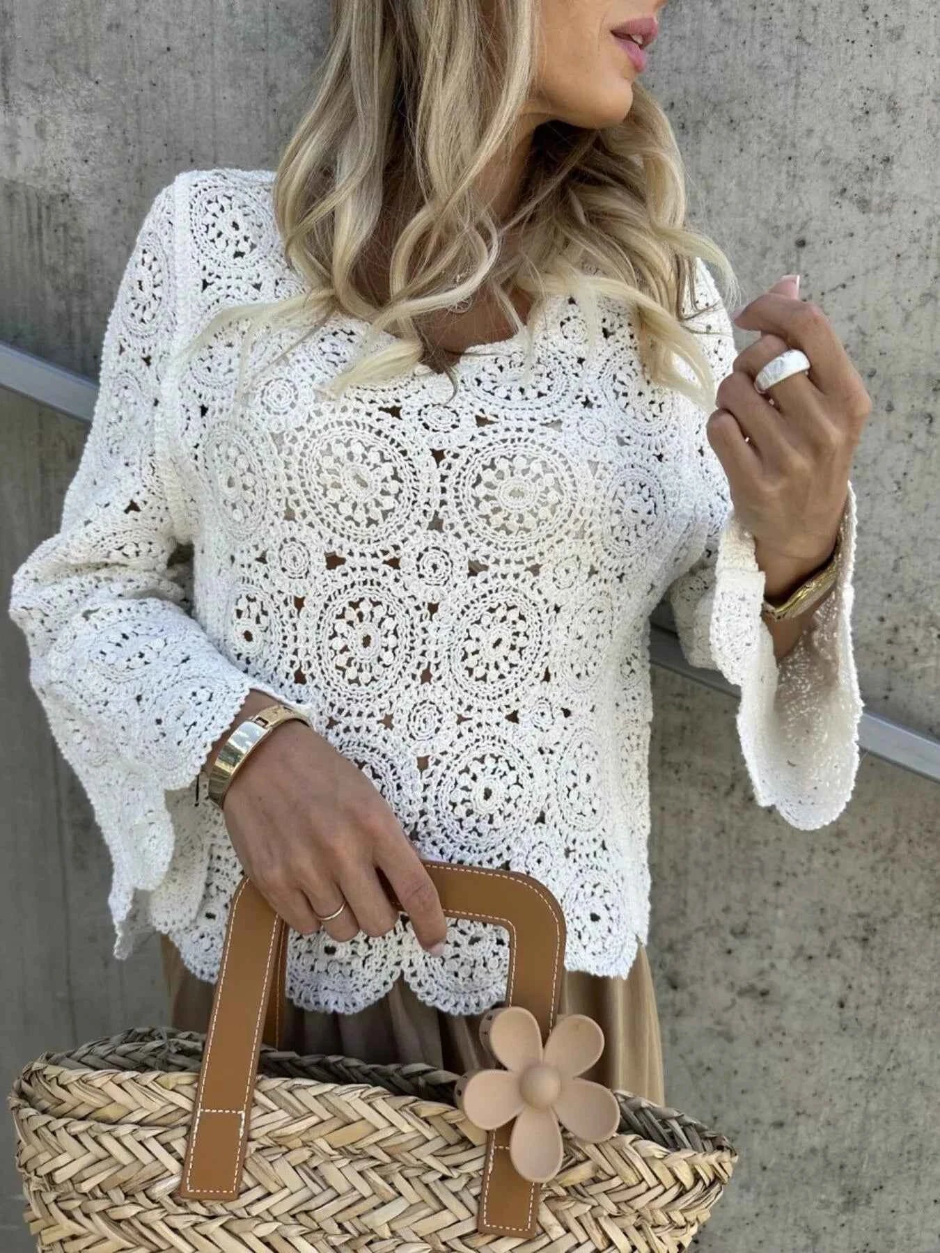 Crochet Lace V-Neck Bell Sleeve Knit Top White One Size 469d16b6-452d-4b80-8f92-577e78110af8-Max-Origin