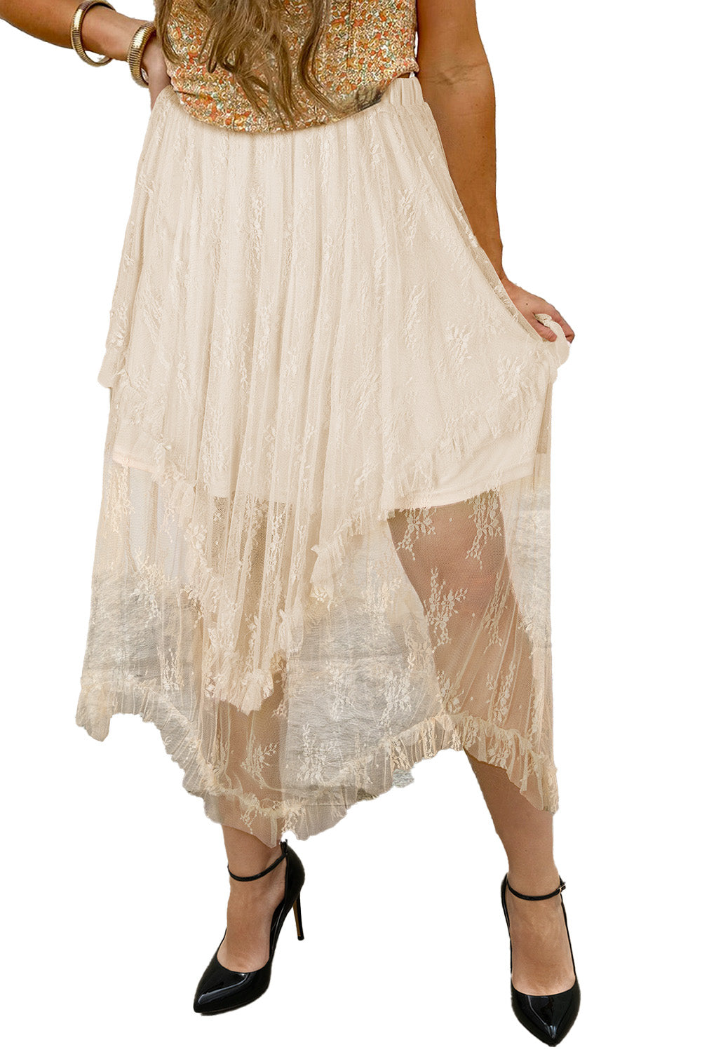 Apricot Lace Cascading Tiered High Waist Maxi Skirt 46bdf32cab6d6368