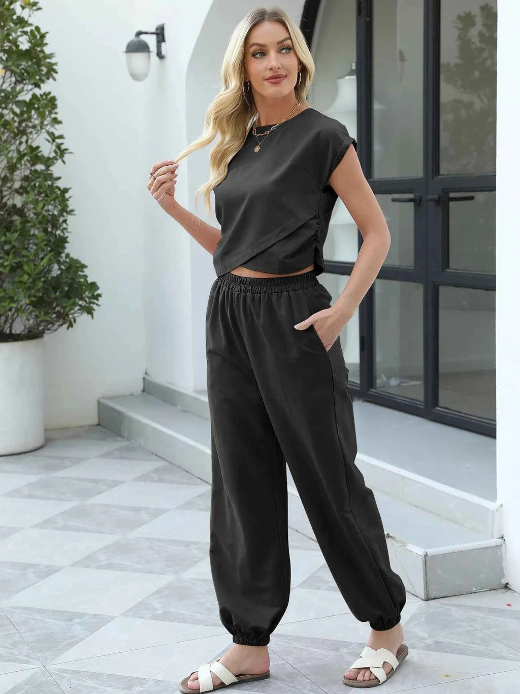 Round Neck Short Sleeve Top and Pants Set 46bf26448c7e42708ec97d0ebbbbf429-Max-Origin