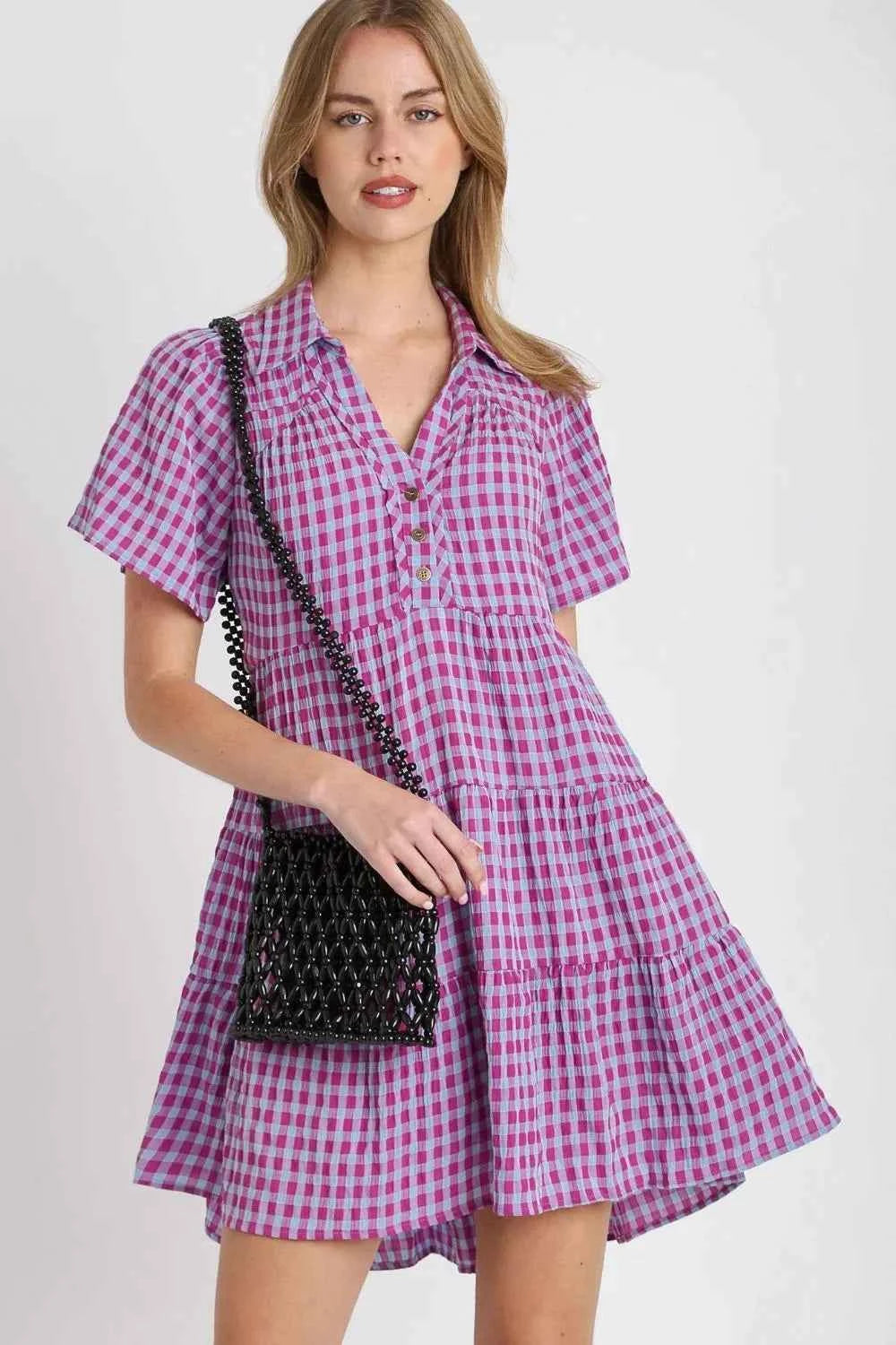 Umgee Full Size Gingham Tiered Button Detail Short Sleeve Dress Plus Size Red-Violet 46d35901-21c9-4e59-a21b-68d8a285029b-Max