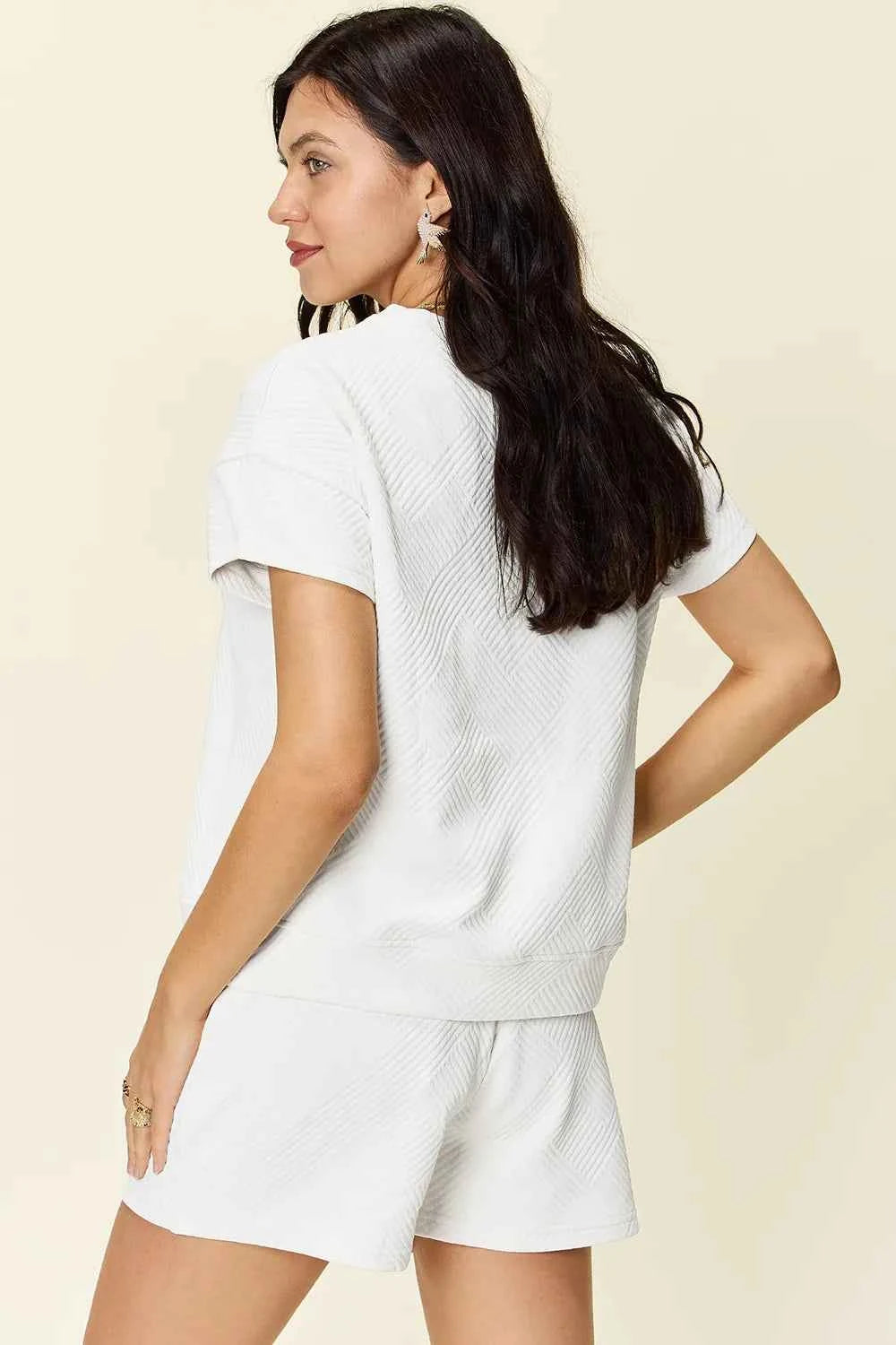 Double Take Full Size Texture Short Sleeve T-Shirt and Drawstring Shorts Set 46d3fda2-a291-4646-85a8-26744e740ae7-Max