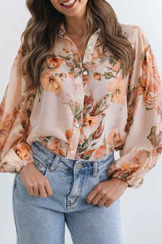 Floral Puff Sleeve Collared Shirt Orange 46fb065e-559b-49bf-b150-3ed5f06b13d7