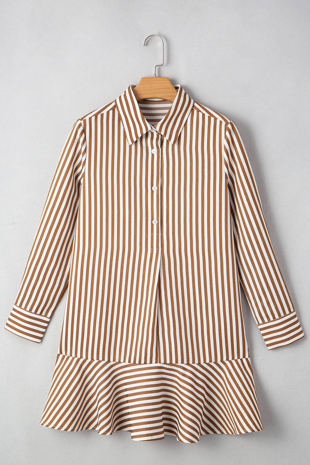 Brown Stripe Ruffle Hem Collared Long Sleeve Shirt Mini Dress 4709213f0f637d3a