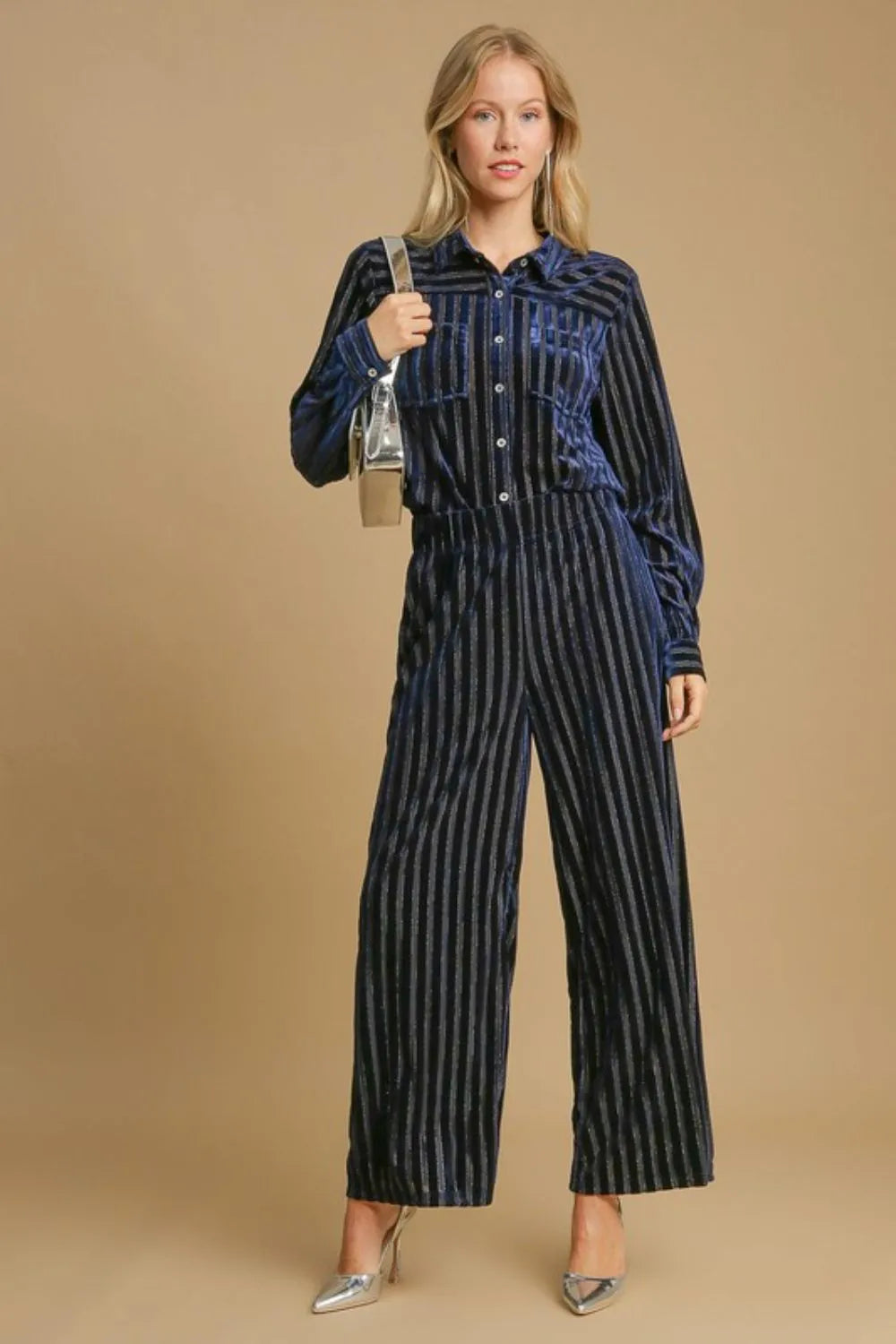 Umgee Full Size Elastic Waist Striped Wide Leg Velvet Pants 47194580-8916-4356-8374-6b707505d49e-Max