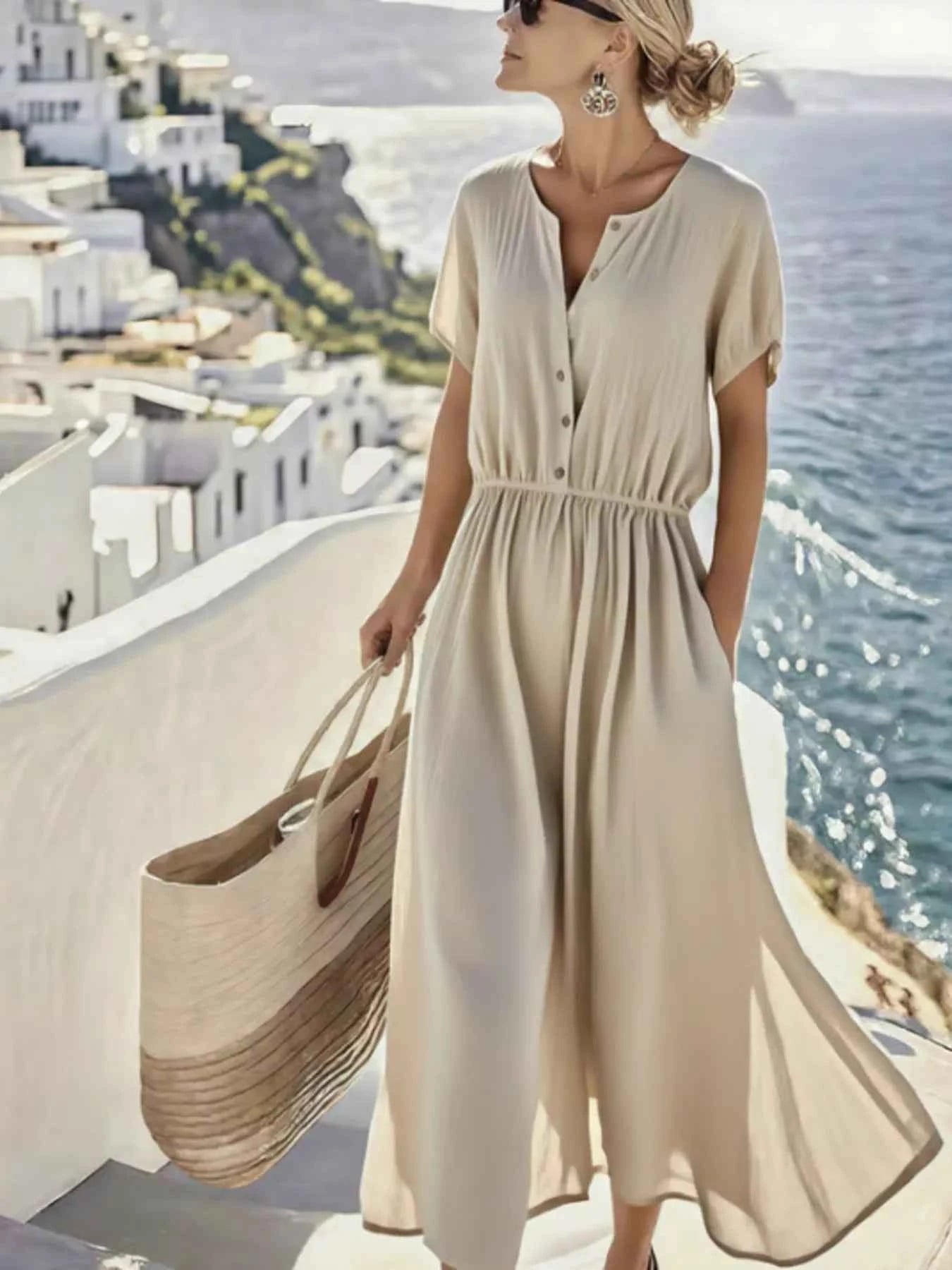 Full Size Button Front Short Sleeve Dress with Pockets Plus Size 471a4e5582fa412b95ca36955f9dace4-Max-Origin