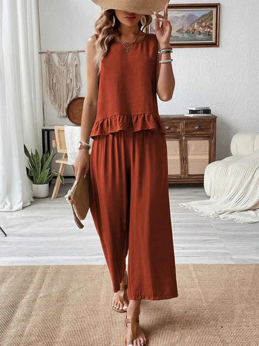 Ruffled Round Neck Top and Wide Leg Pants Set 471acef1-6c07-41d2-946c-550646ec962f-Max