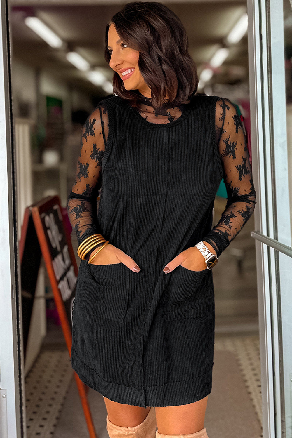 Black Corduroy Exposed Seam Sleeveless Mini Dress 47236f82abd7baa8