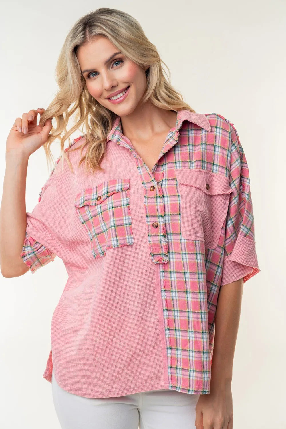 White Birch Plaid Color Block Half Button Top 4724d8b0-c9d3-4872-933b-c07db0aa9193-Max