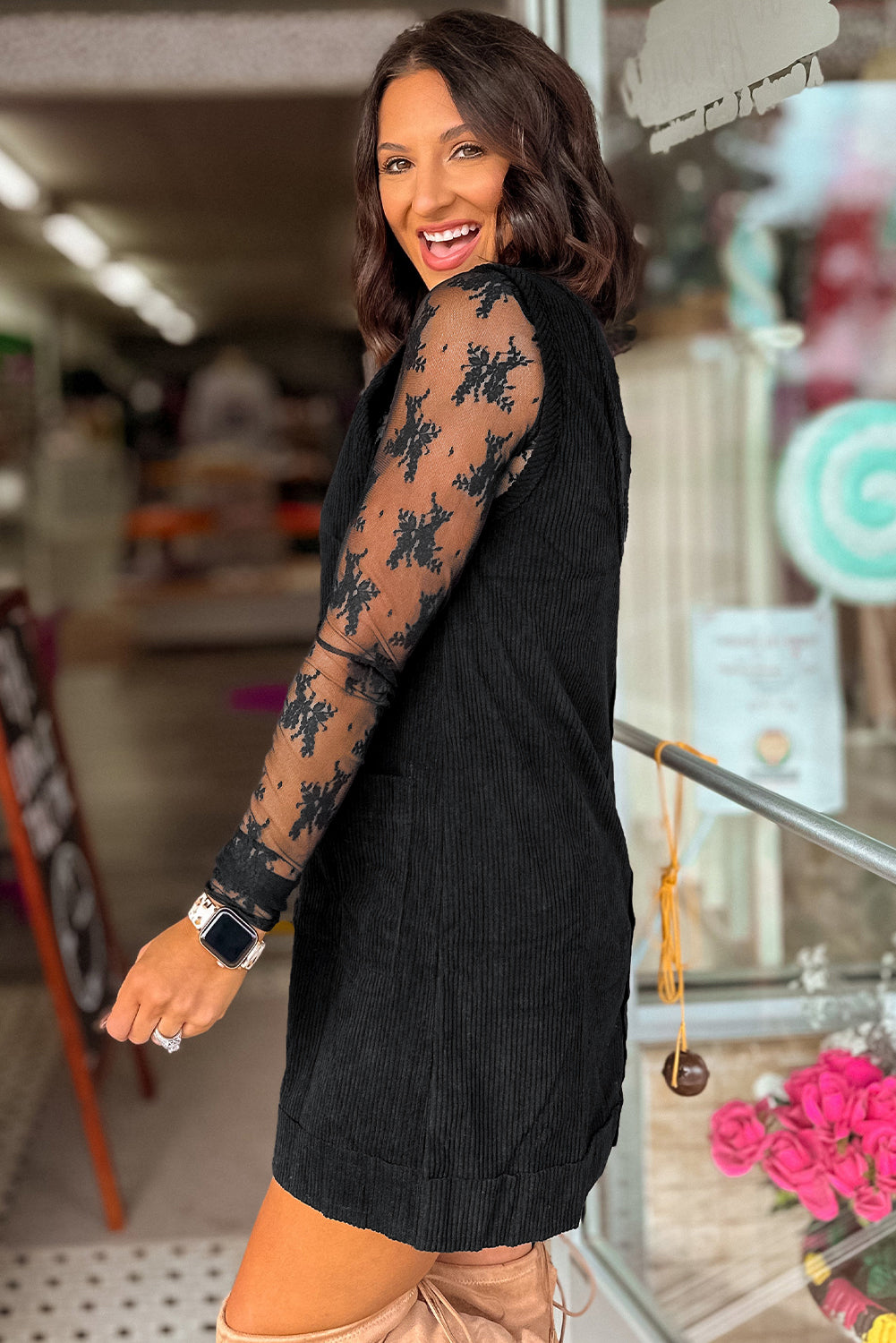 Black Corduroy Exposed Seam Sleeveless Mini Dress 4733f17dc70c65b6