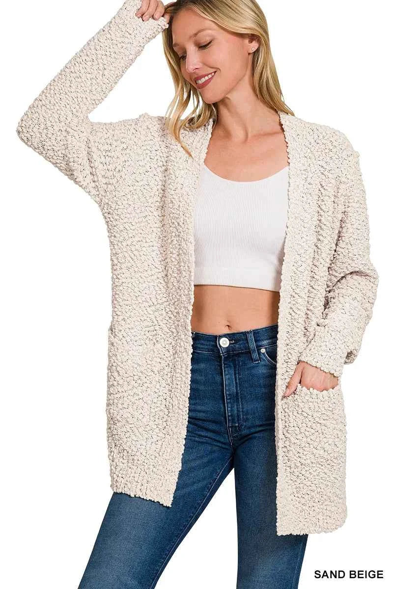 Zenana Long Sleeve Popcorn Sweater Cardigan with Pockets SAND BEIGE 47aa44a5-dbf4-4e7b-8f9e-02839b41ec36-Max-Origin