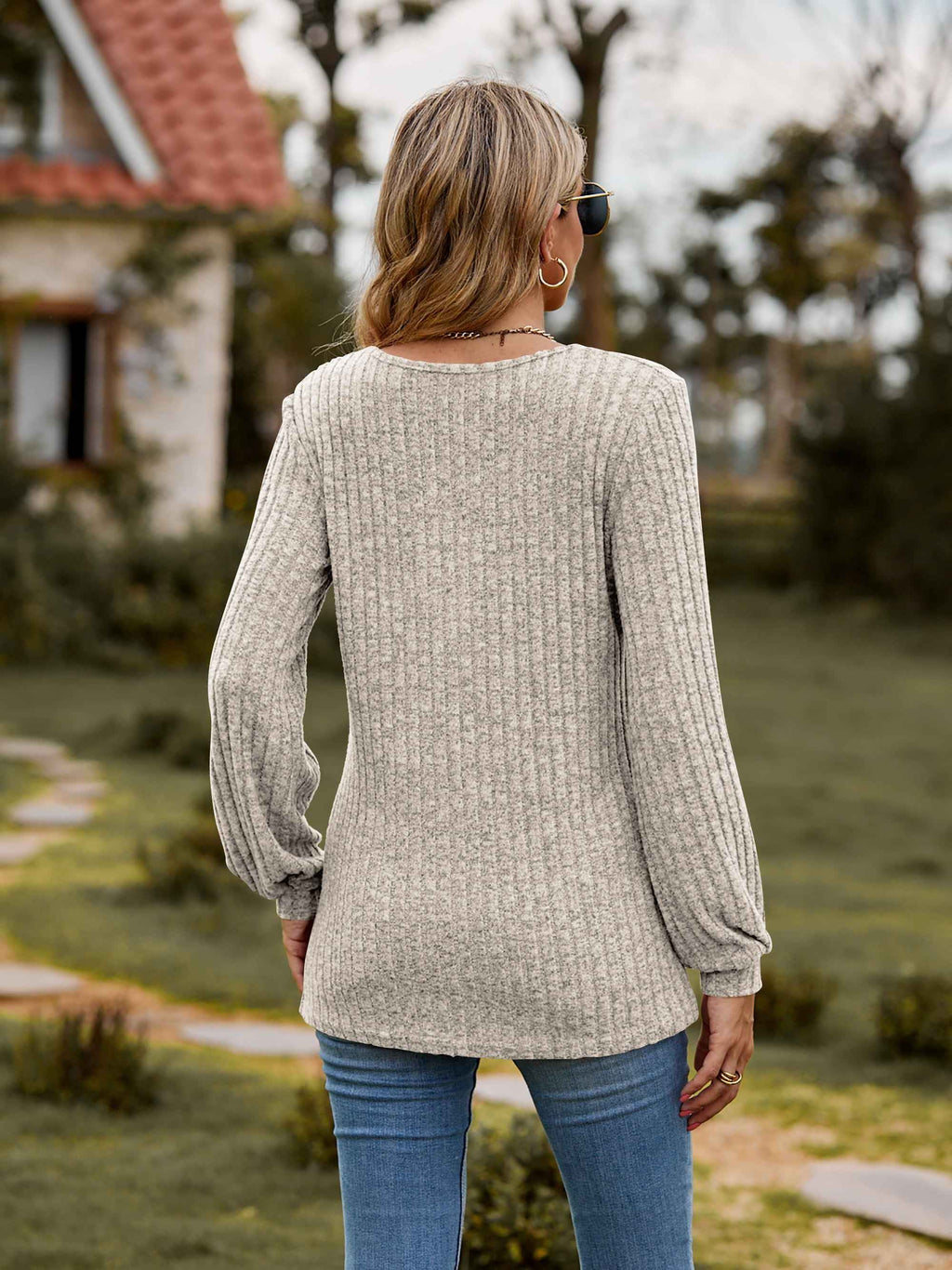 Round Neck Button-Down Long Sleeve Tee 47c864ef0778495f989b8595d9e300b6-Max