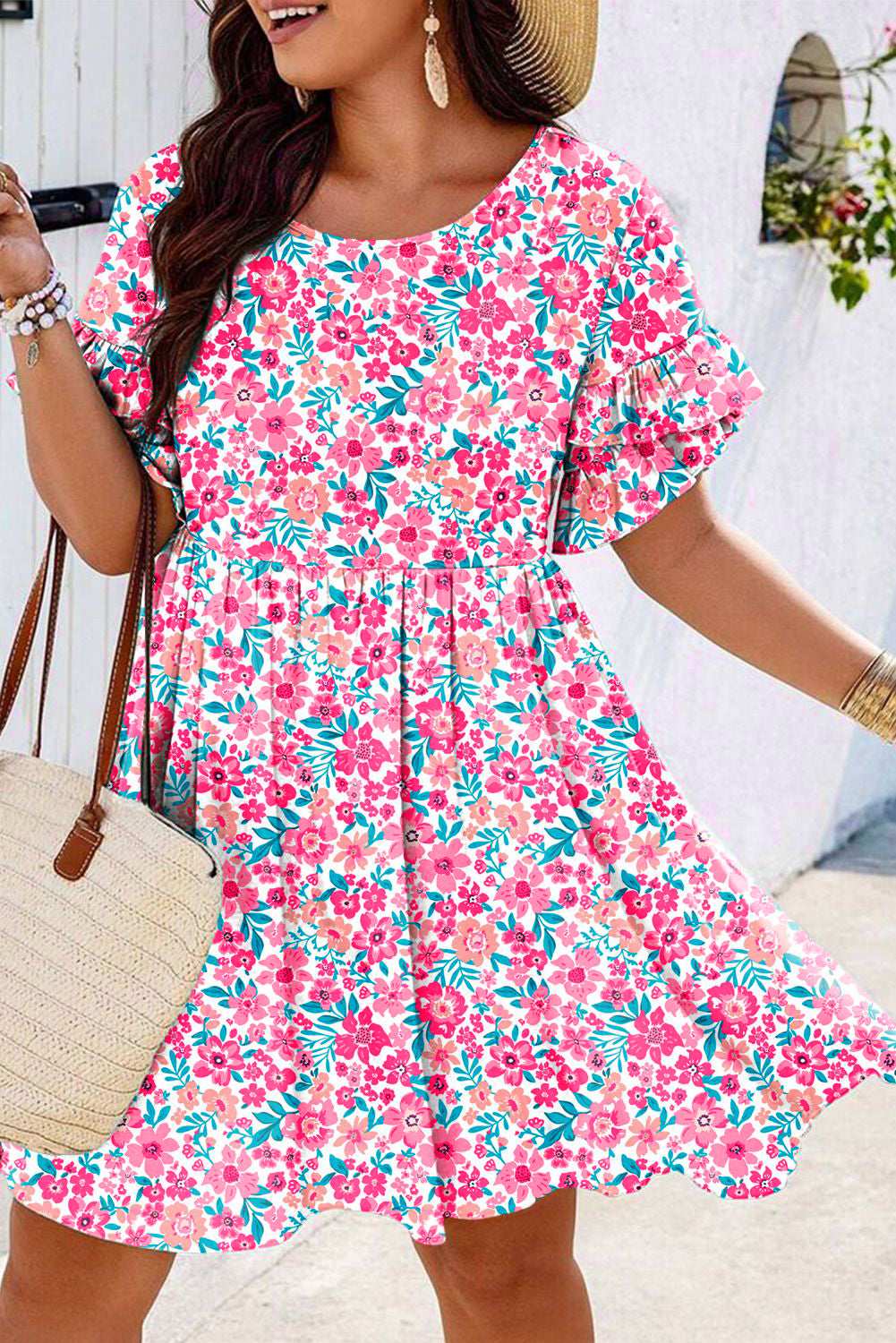White Plus Size Floral Print Ruffle Short Sleeve Flare Dress White 47d3e853c9d9a124-_1