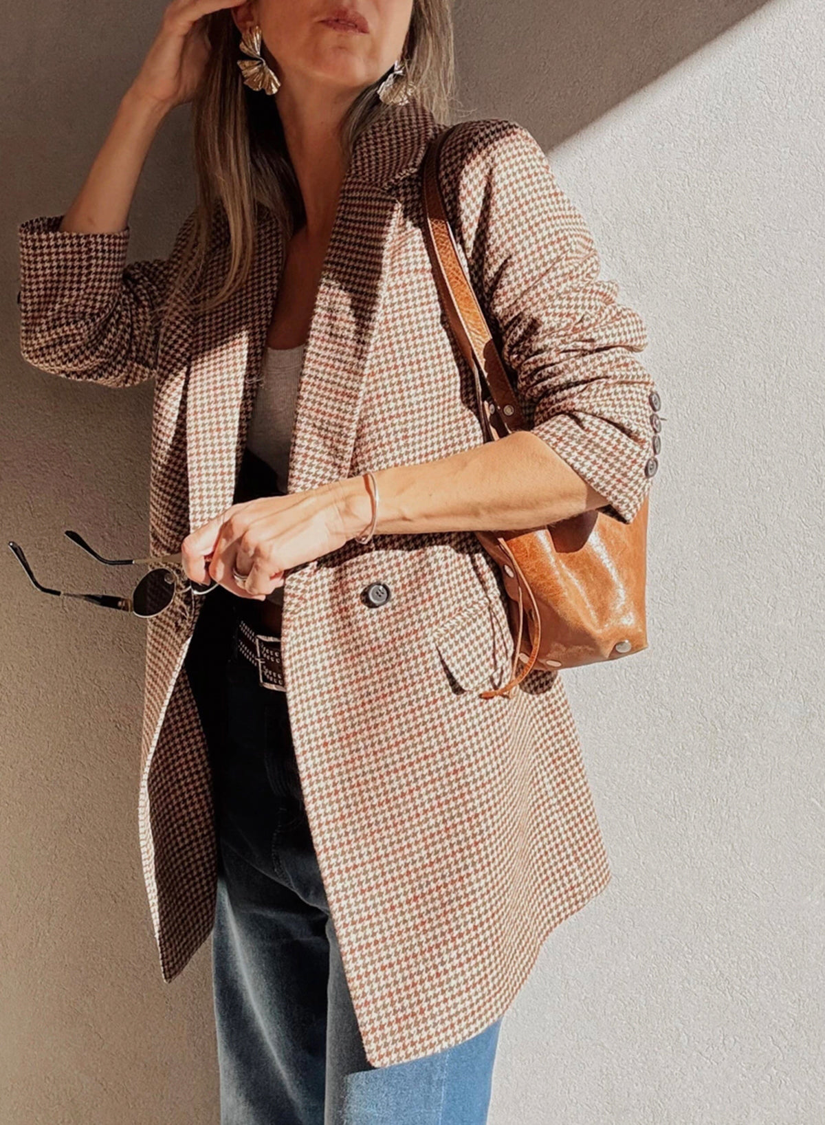 Brown Houndstooth Lapel Collar Blazer 47db6fefc6d80130