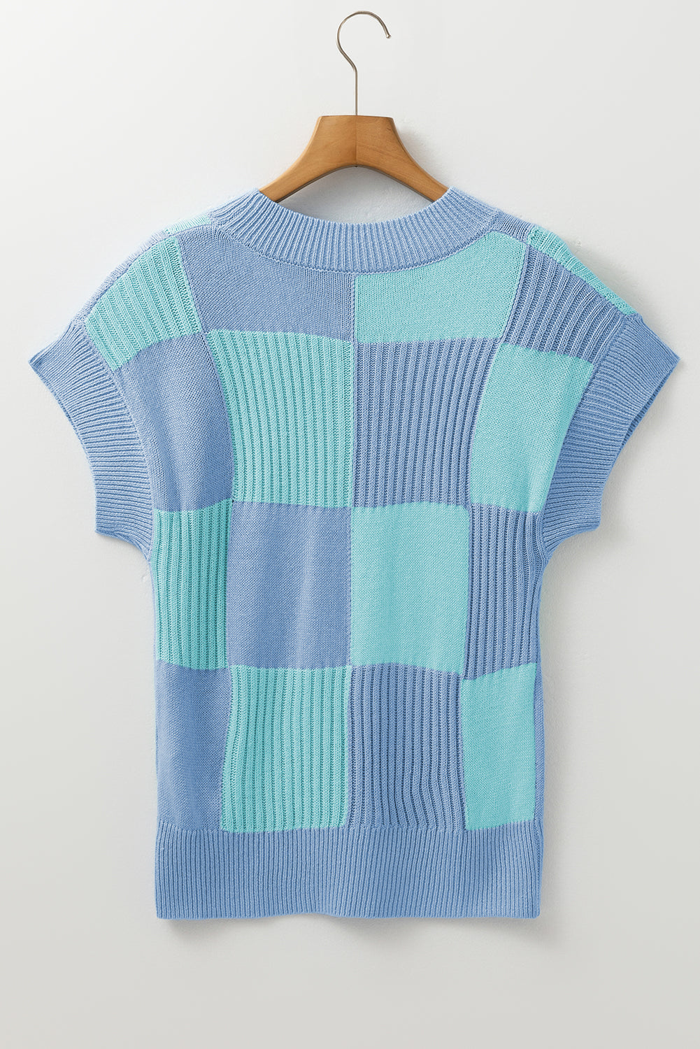 Light Blue Checkered Color Block Crew Neck Short Sleeve Sweater 47e2cdc448f33151