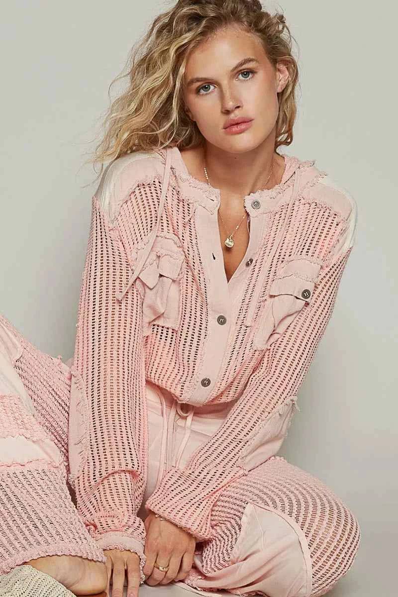 POL Texture Woven Button Down Hooded Shirt with Drawstring Hem 48025f94-02d4-48c1-b1dc-fcd008014fb1-Max-Origin