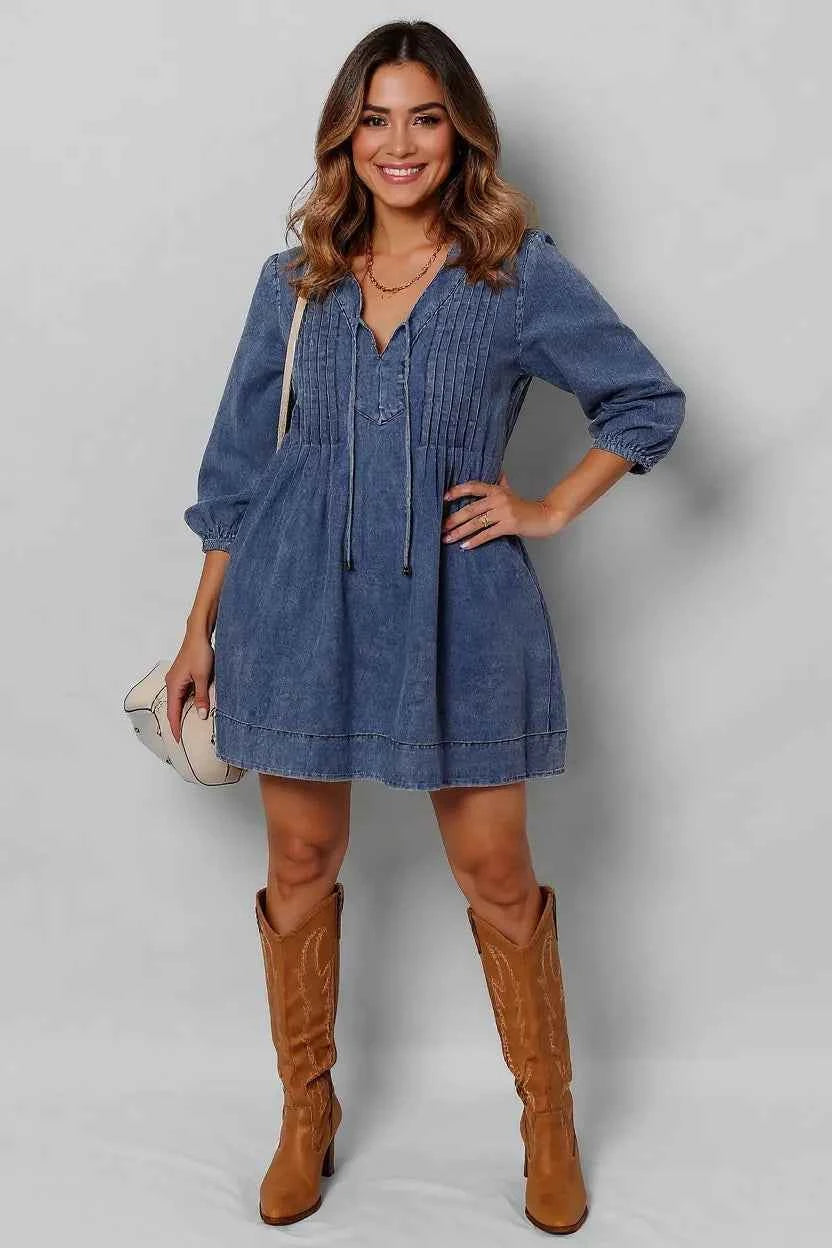 Tie Neck Long Sleeve Mini Denim Dress Dark 48076010-eef3-4da9-9fbf-cce466cdf0b1-Max-Origin
