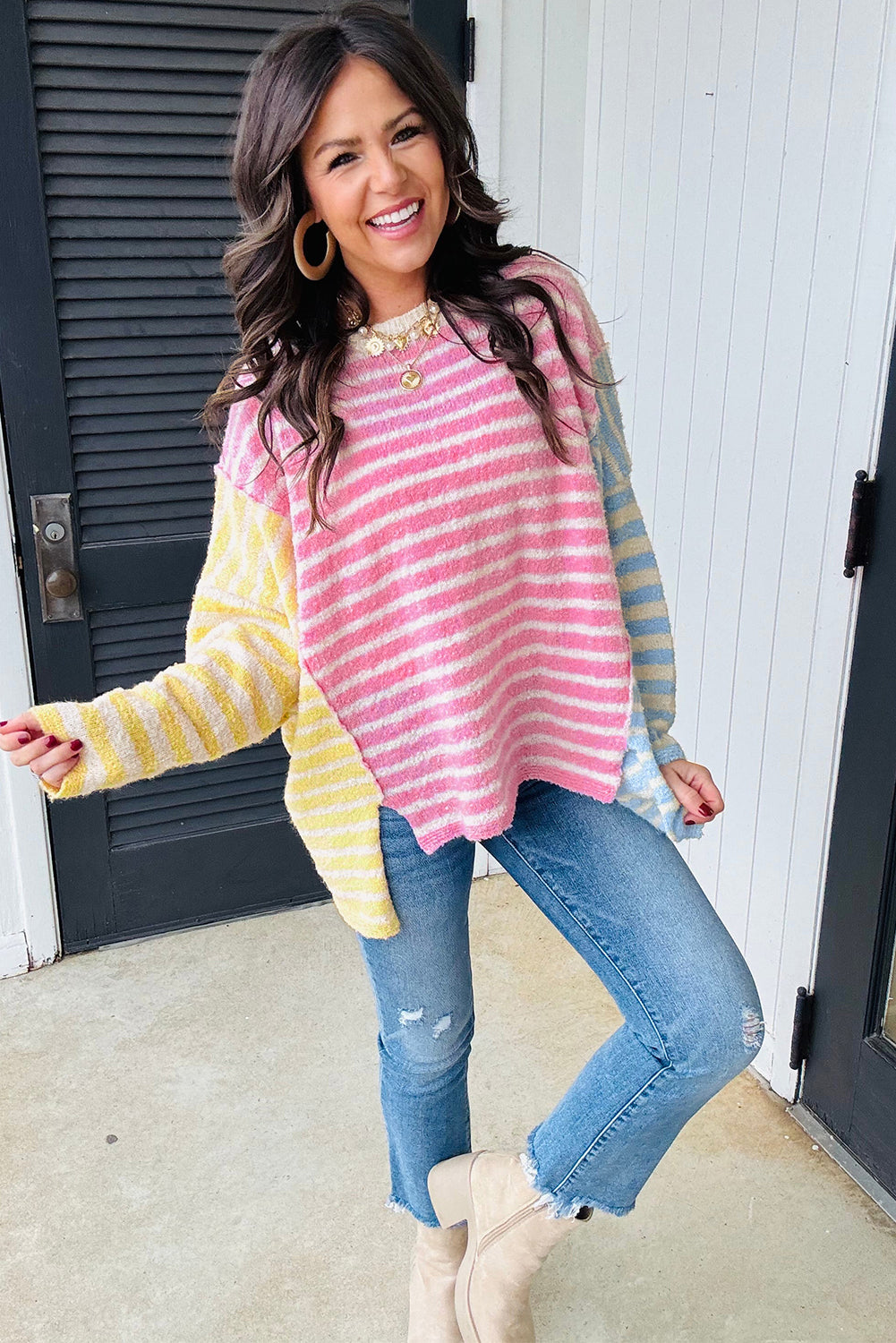 Multicolour Colorblock Striped Patchwork Dolman Sleeve Slit Sweater 4824eaed9860c7f4