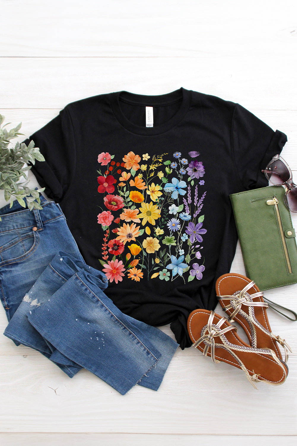 Black Flower Print Cotton Blend Casual Tee 482c31248d435f6f
