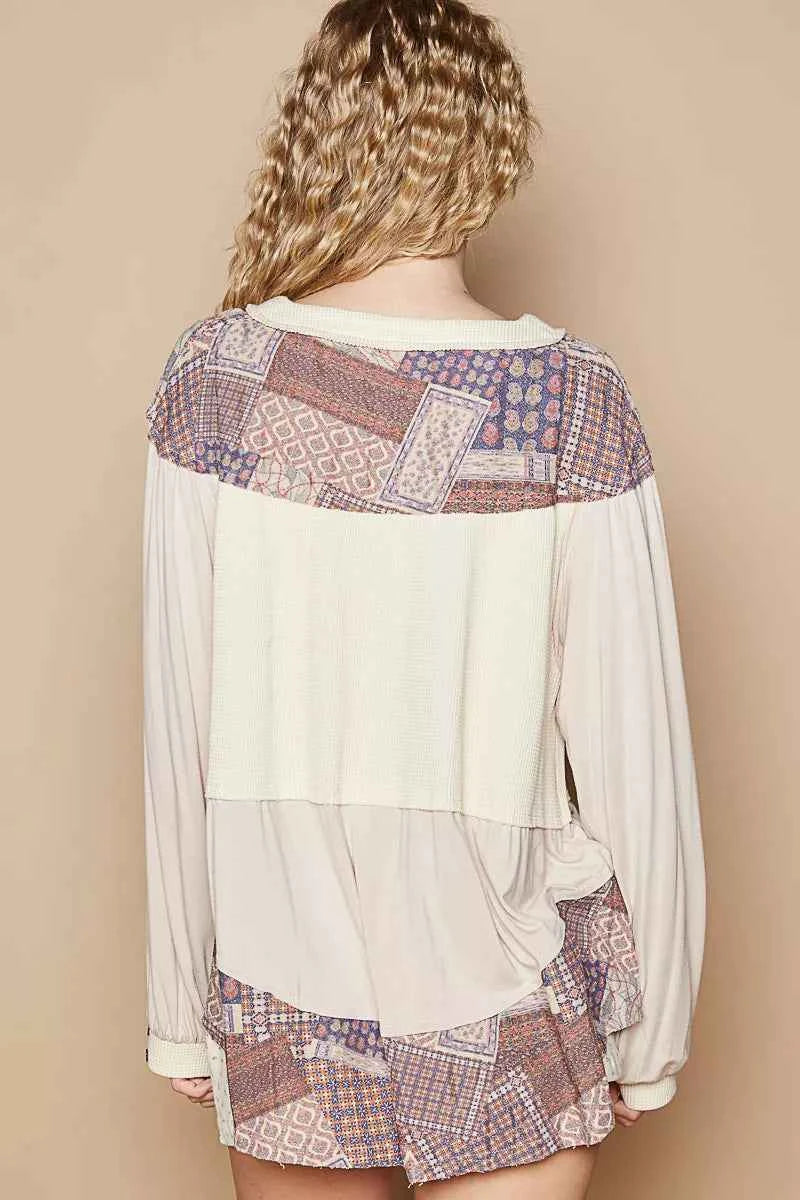 POL Half Button Balloon Sleeve Top with Printed Knit Contrast 48300dcf-37ff-45b9-93e2-c799b0600270-Max-Origin