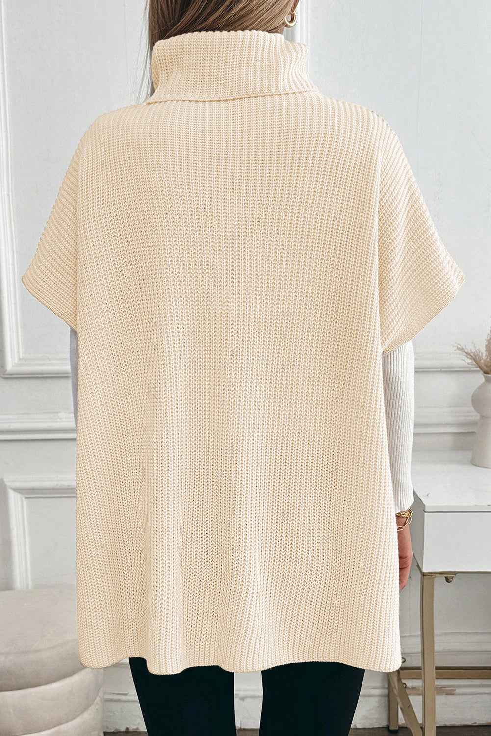 Jet Stream Plain Knit Casual Turtleneck Short Sleeve Tunic Sweater with Pockets 48321068208c9f31