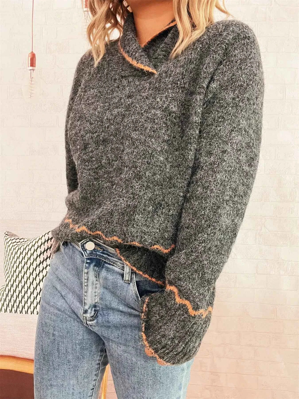 Ribbed Contrast Trim Long Sleeve Sweater 48376eb4d73741788695e8d99bf7e88b-Max-Origin