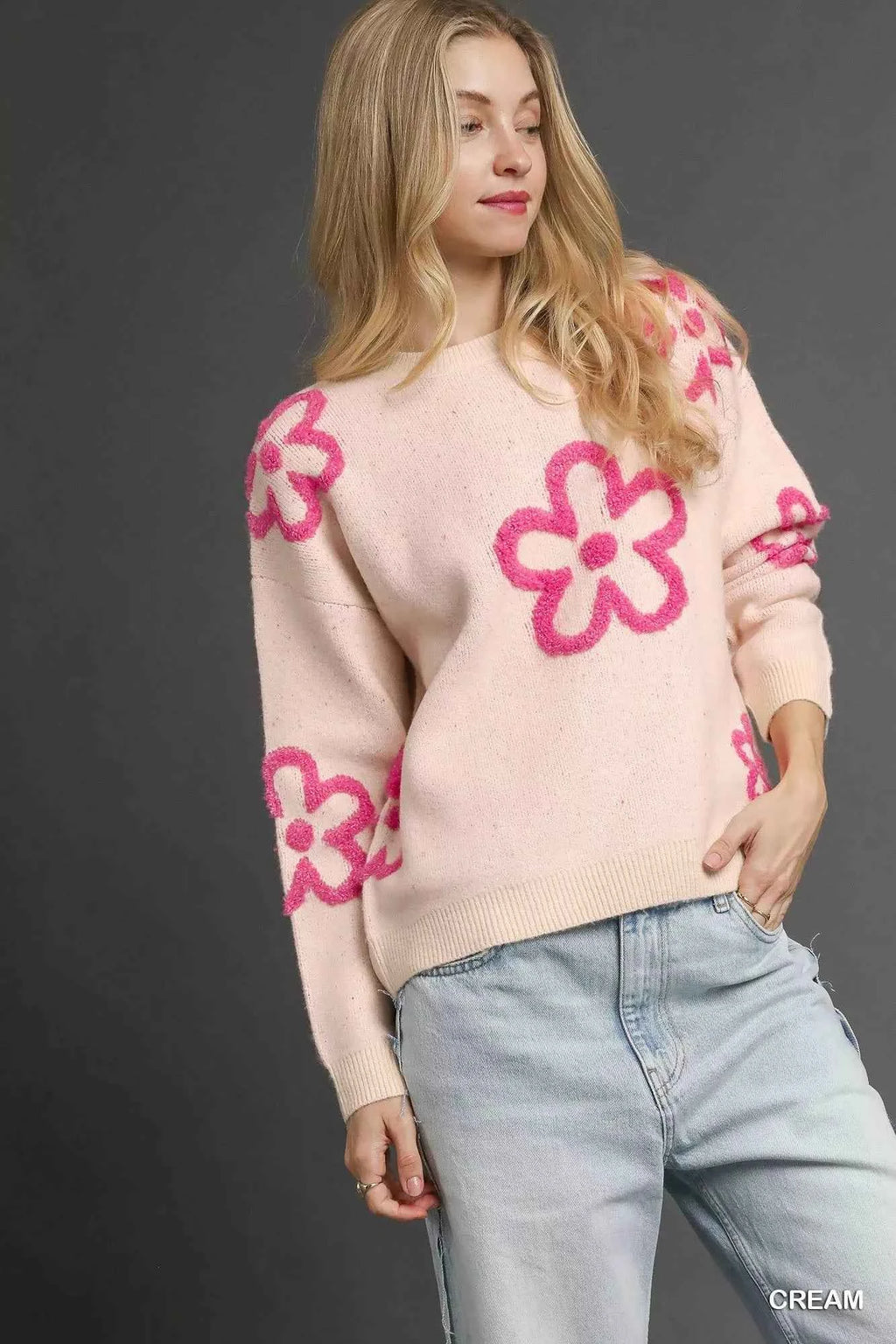 Umgee Round Neck Sweater with Pink Floral Accents 4869d5c6-3e5b-4e8b-833f-367bb7847bcb-Max-Origin