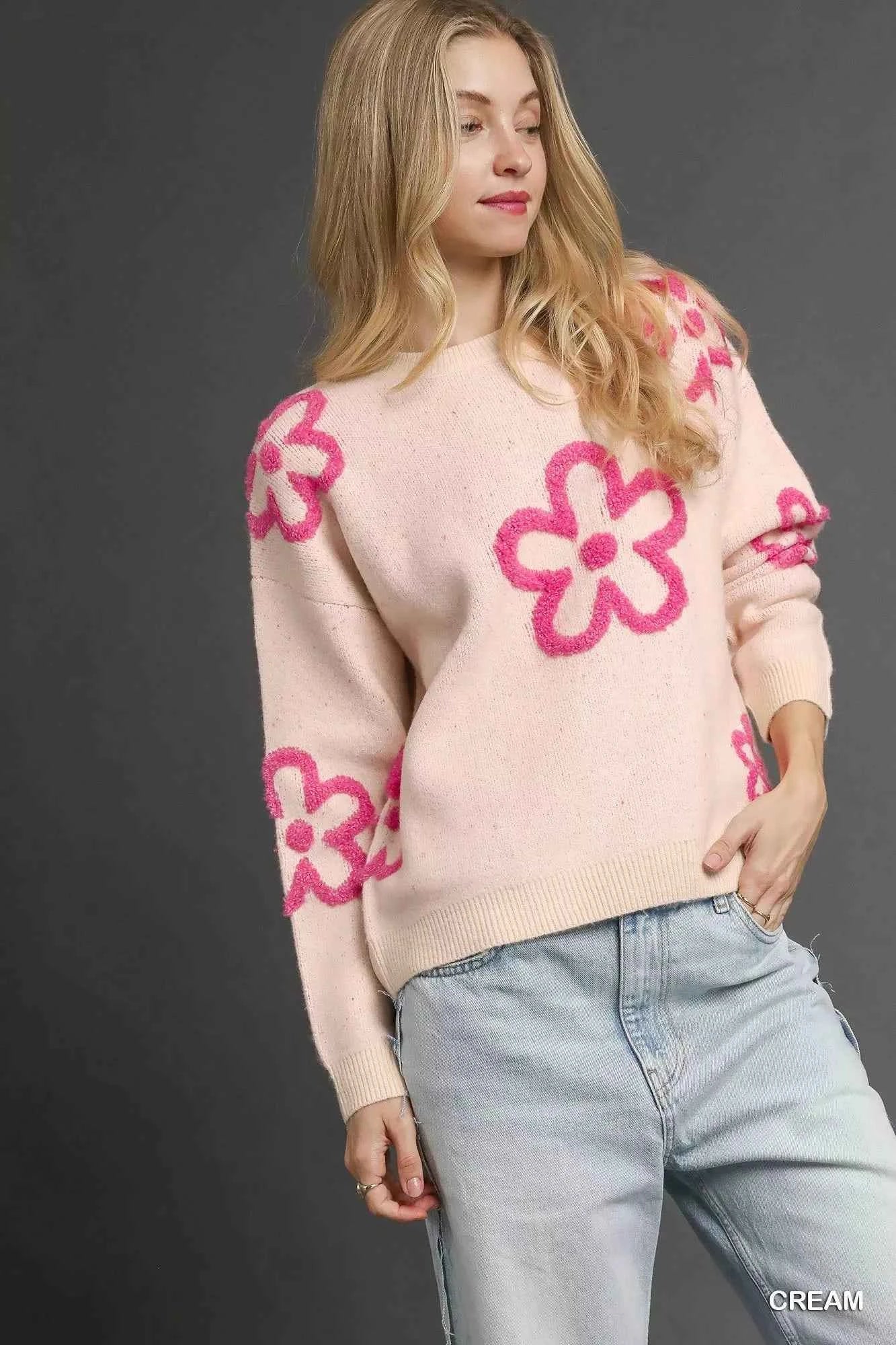 Umgee Round Neck Sweater with Pink Floral Accents 4869d5c6-3e5b-4e8b-833f-367bb7847bcb-Max-Origin