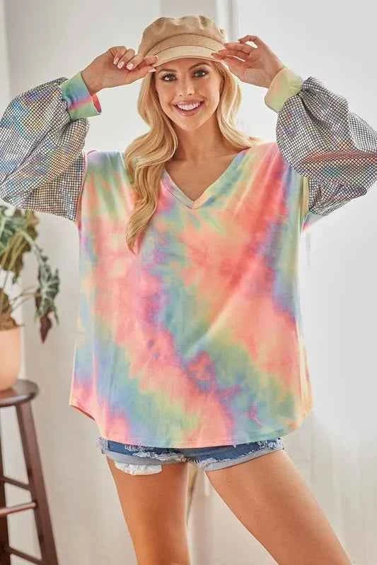 BiBi V Neck Tie Dye French Terry Top with Shiny 486de219af624ff28ffaf4c60f8cf6eb-Max-Origin