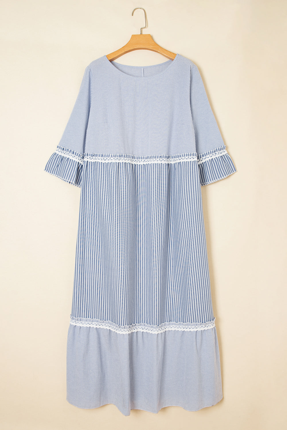 Sky Blue Crisscross Lace Detail Mixed Striped Patchwork Plus Size Dress 486dea14a8af36a6