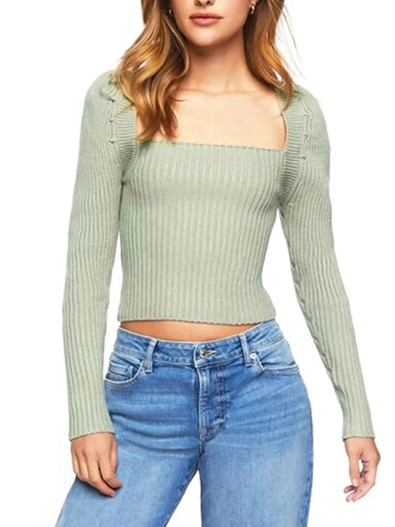Ribbed Square Neck Long Sleeve Sweater Green 48841952-a7b2-4aad-b292-3af3a866e380-Max-Origin