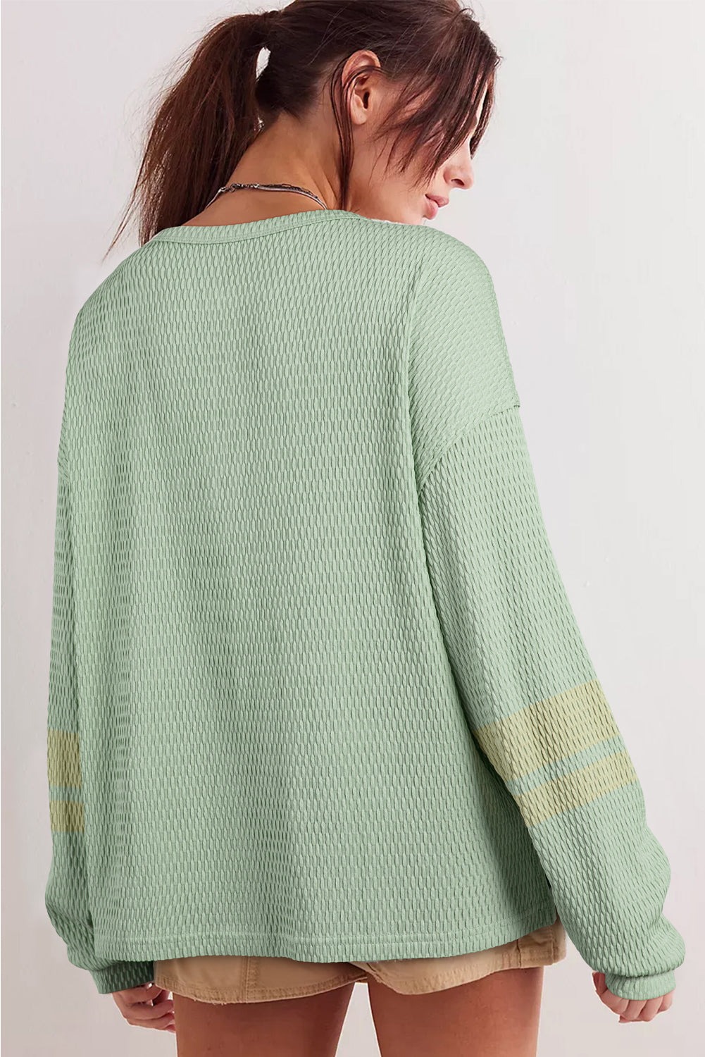 Meadow Mist Green Textured Colorblock Sleeve Henley Sweatshirt 488434017cbee7c8