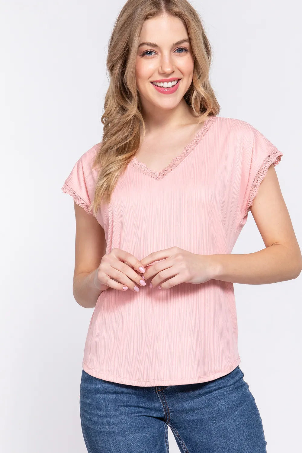 ACTIVE BASIC Lace Trim V-Neck Short Sleeve Ribbed Top PINK 48a6c675-6d93-4821-8ffb-cdad45f91d86-Max