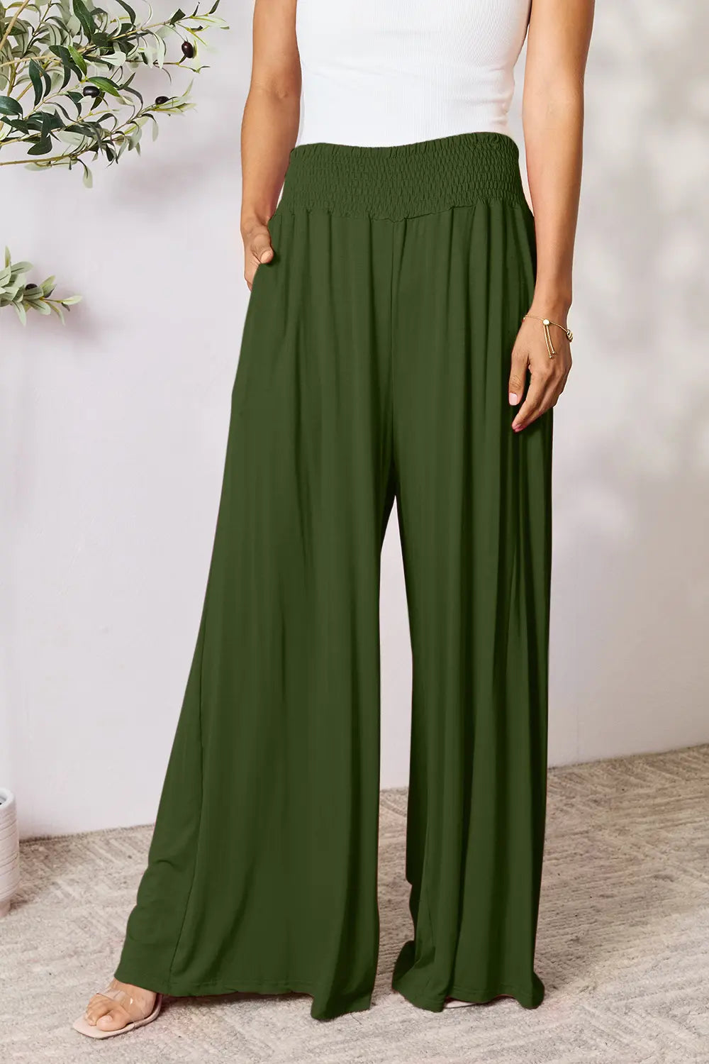 Basic Bae Full Size Smocked Wide Waistband Wide Leg Pants Army Green 48bd2cd6988b4b108acf92e0b42e1b09-Max