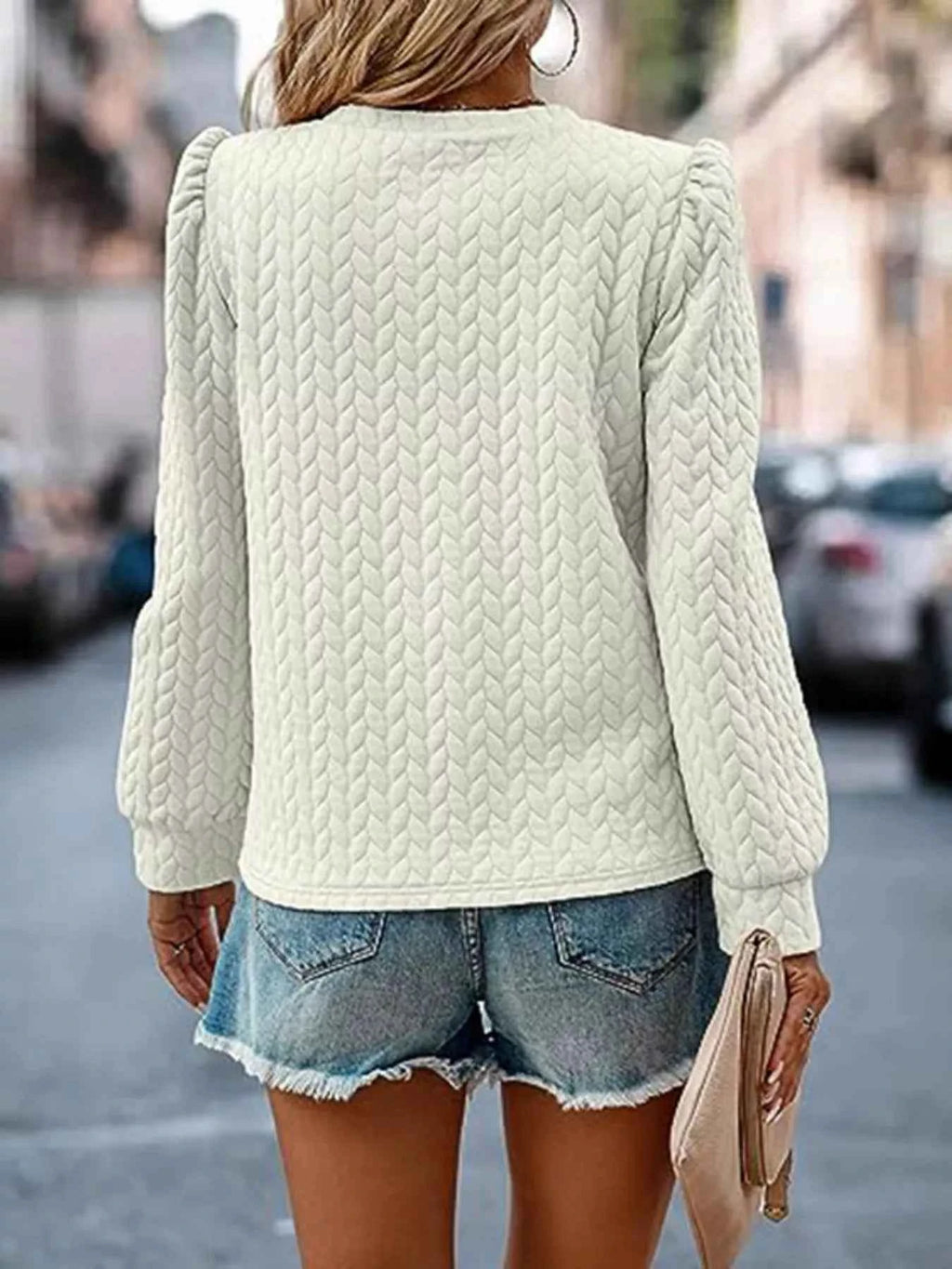 Texture Round Neck Long Sleeve Sweatshirt 48c063da59c74e4191a23afac5880a49-Max-Origin
