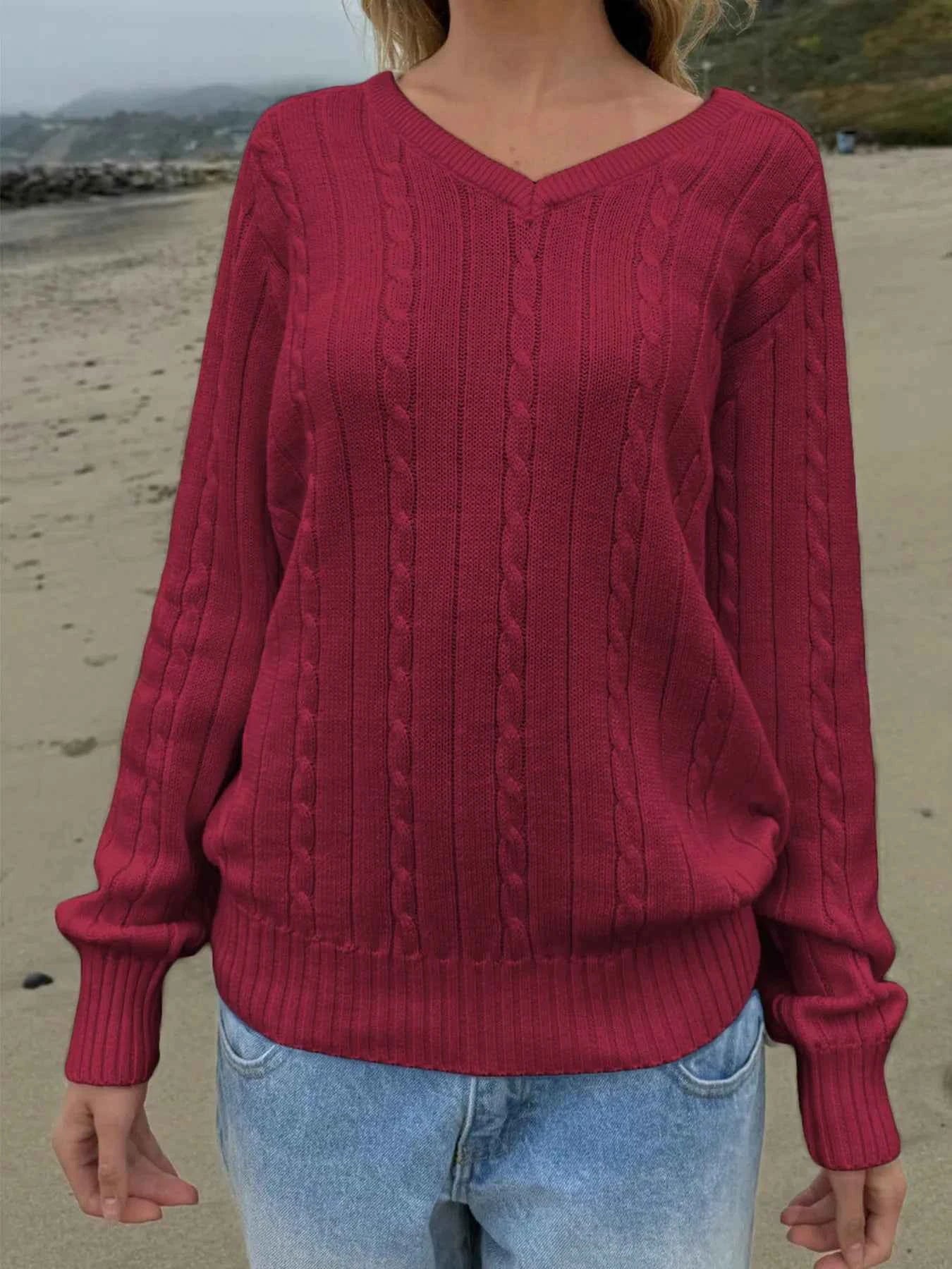 Cable Knit V-Neck Pullover Sweater 48c4b11cfdb14c9cb53011a19c00cb1b-Max-Origin