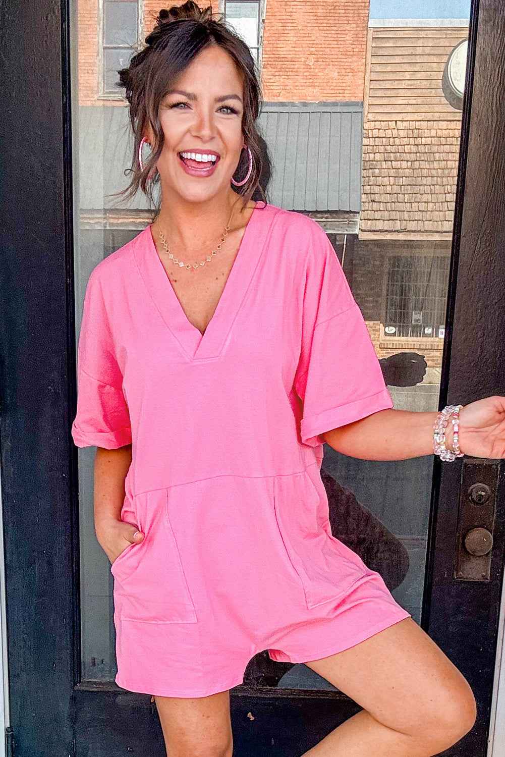 Bonbon Loose Half Sleeve V Neck Plain Romper 48c6285124091c13
