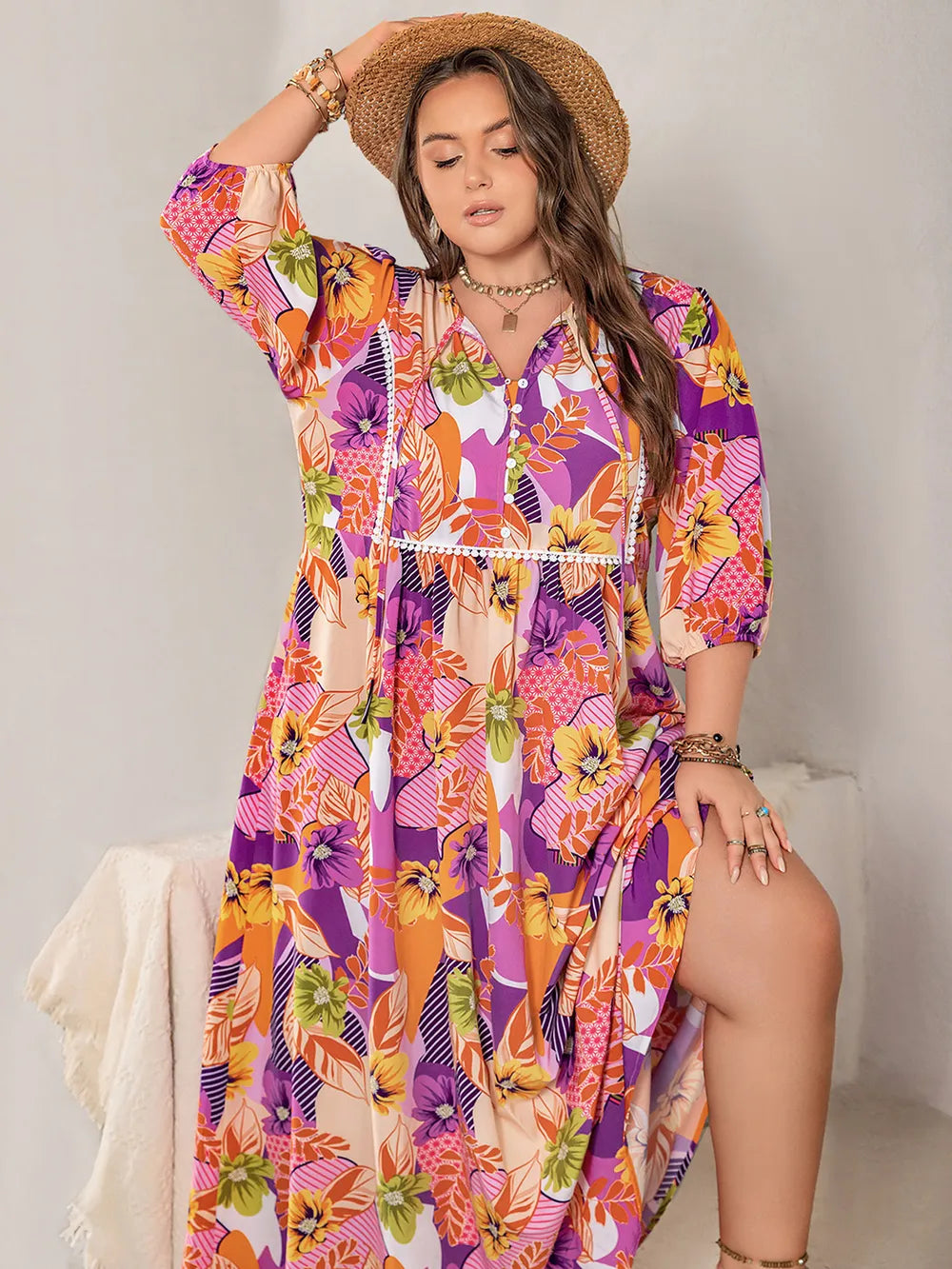 Plus Size Printed Tie Neck Maxi Dress 48ceaf28-78bc-42d9-be2e-5b66ffe33dd1-Max