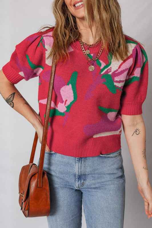Floral Abstract Short Puff Sleeve Sweater 48e1a4c7-9b95-40ff-9ad9-dff994bb165c