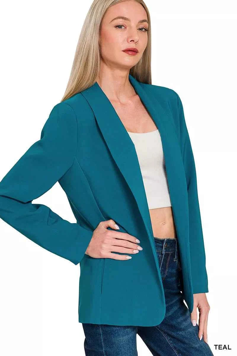 Zenana Woven Long Sleeve Blazer With Lining TEAL 48f33764530f4e6588c18cdbe0ee5240-Max-Origin