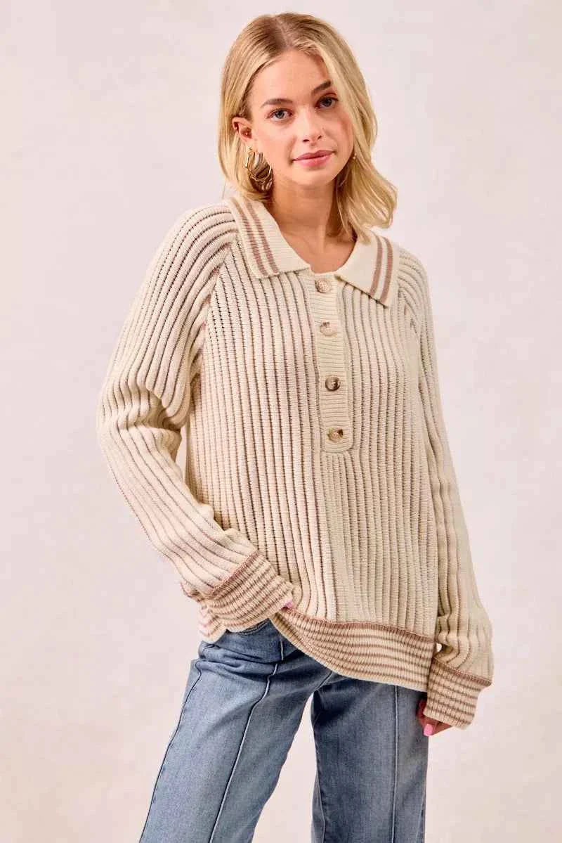 BiBi Half Button Ribbed Two Tone Sweater CREAM LATTE 490ab30849ad43c0ad7eba58d82dfe86-Max-Origin
