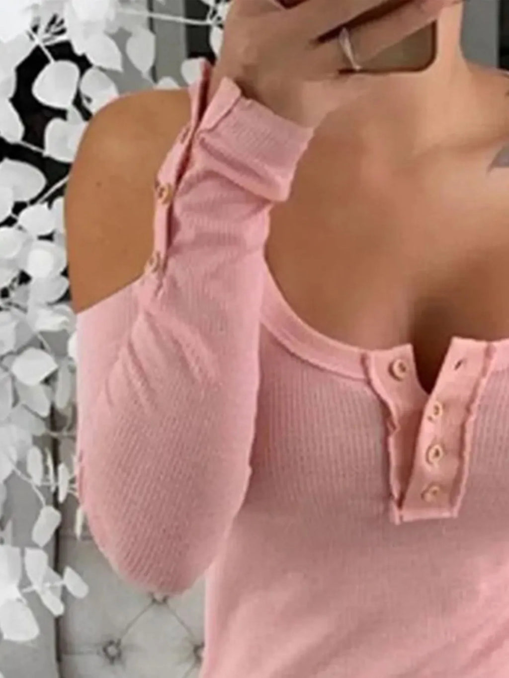 Cold Shoulder Ribbed Henley T-Shirt with Button Detail 49179ade-a54d-4f3f-ad2b-8cf13b50b421-Max-Origin