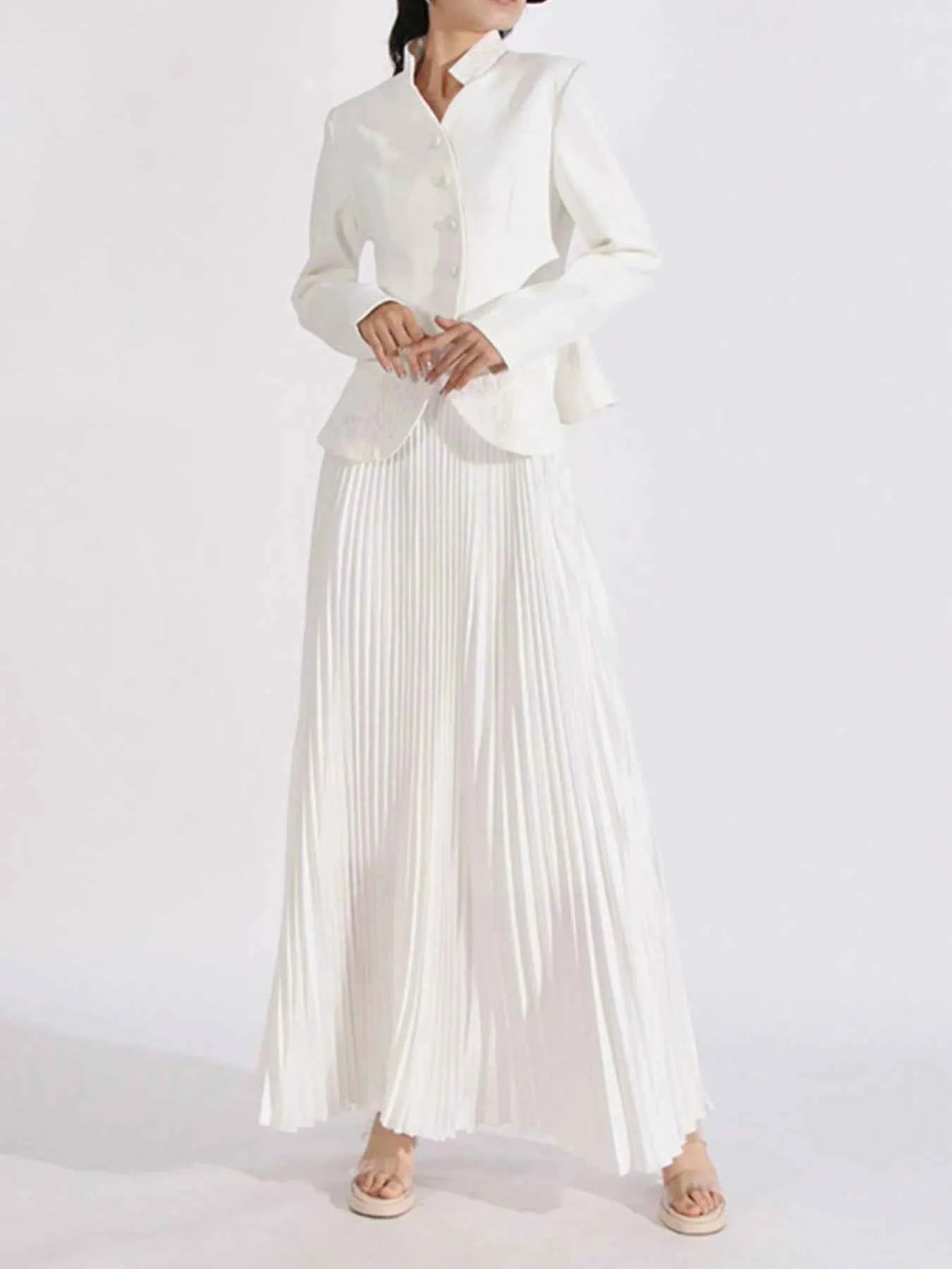 Button Up Long Sleeve Top and Pleated Skirt Set White 4918aa58-39cd-4529-b393-0594b5ba5531-Max-Origin