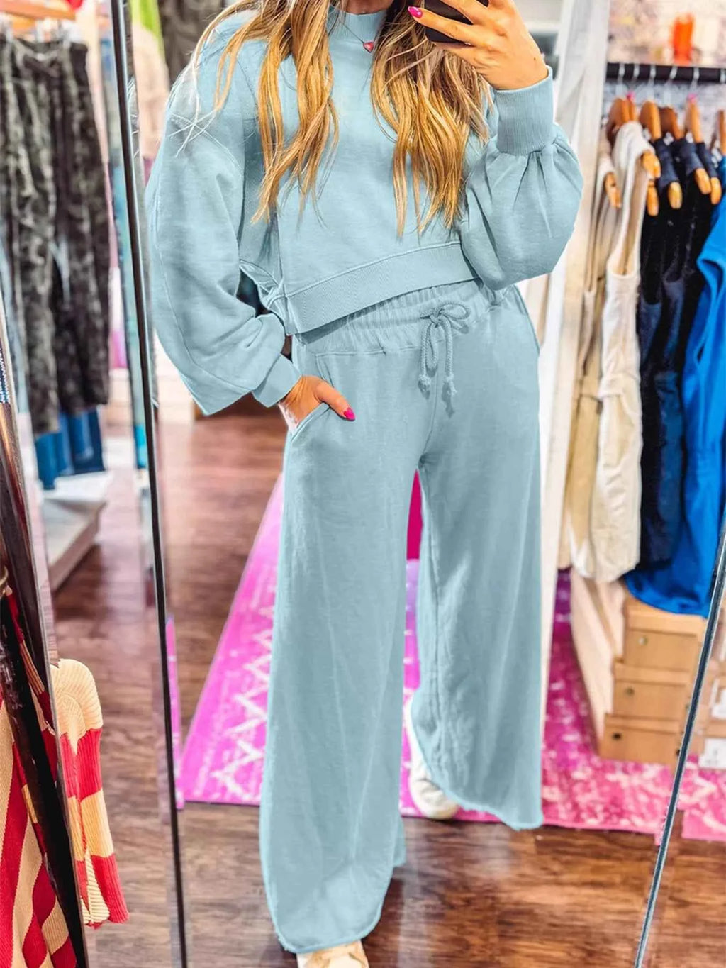 Drop Shoulder Puff Sleeve Crop Top and Drawstring Wide Leg Pants Set 4960288493a44875bed25bb821b5145a-Max-Origin