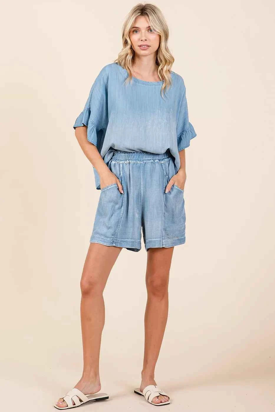 Mittoshop Washed Chambray Elastic Waist Easy Fit Shorts 49656155bb6742819fbc3a1071729657-Max-Origin