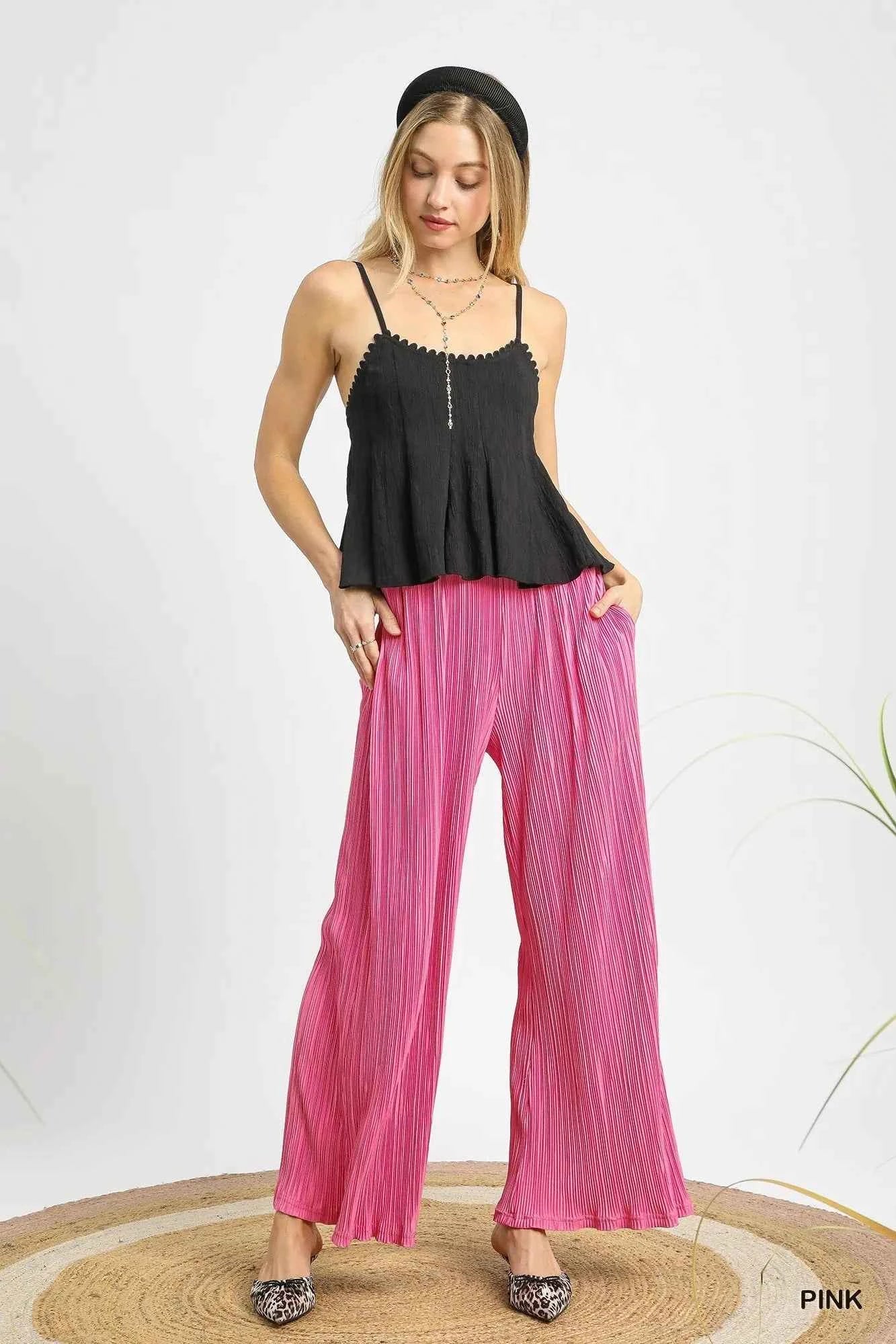 Umgee Wide Leg Textured Pants Pink 496e4580-2085-4c16-99be-966d534d1a89-Max-Origin