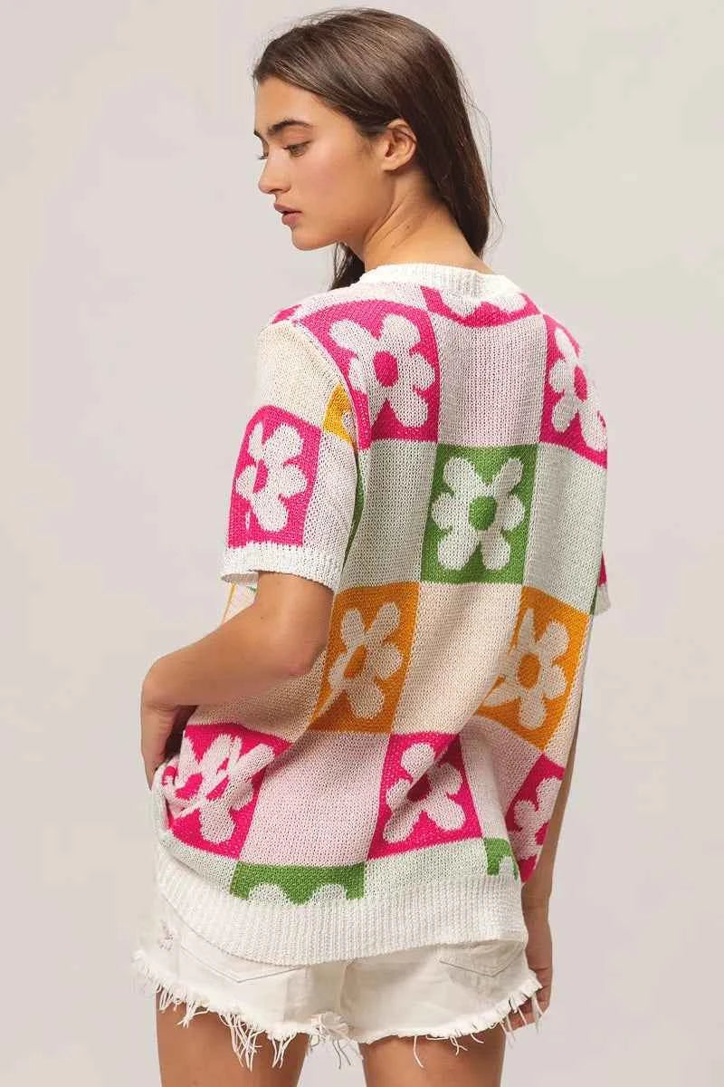 BiBi Flower Checker Pattern Lightweight Sweater Top 499cf1fffae8463dbe74a1fb712a42d8-Max-Origin